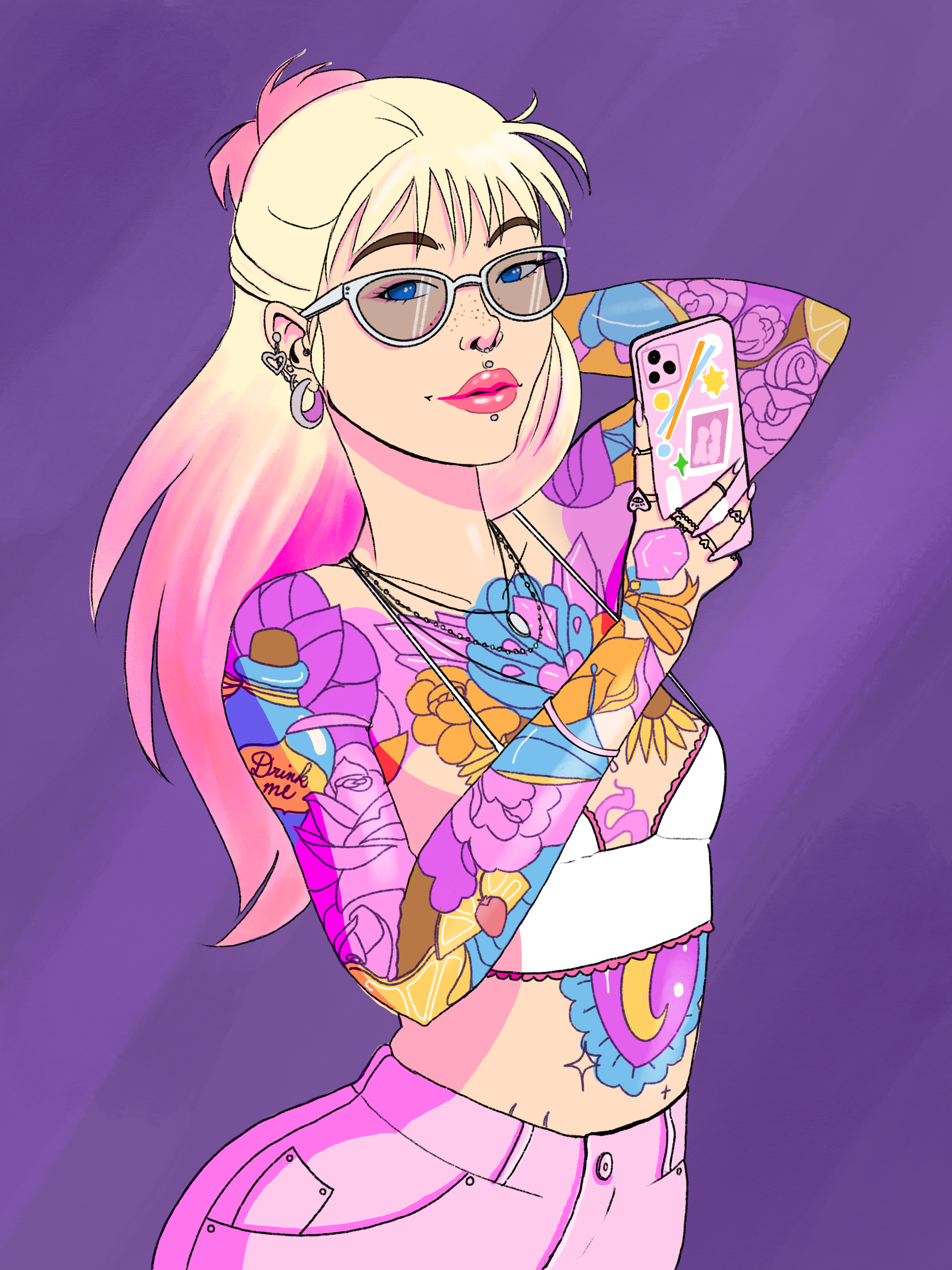 A colorful digital illustration of a person with long pink hair wearing sunglasses, with tattoos on her arms, holding a smartphone decorated with stickers, set against a purple background.