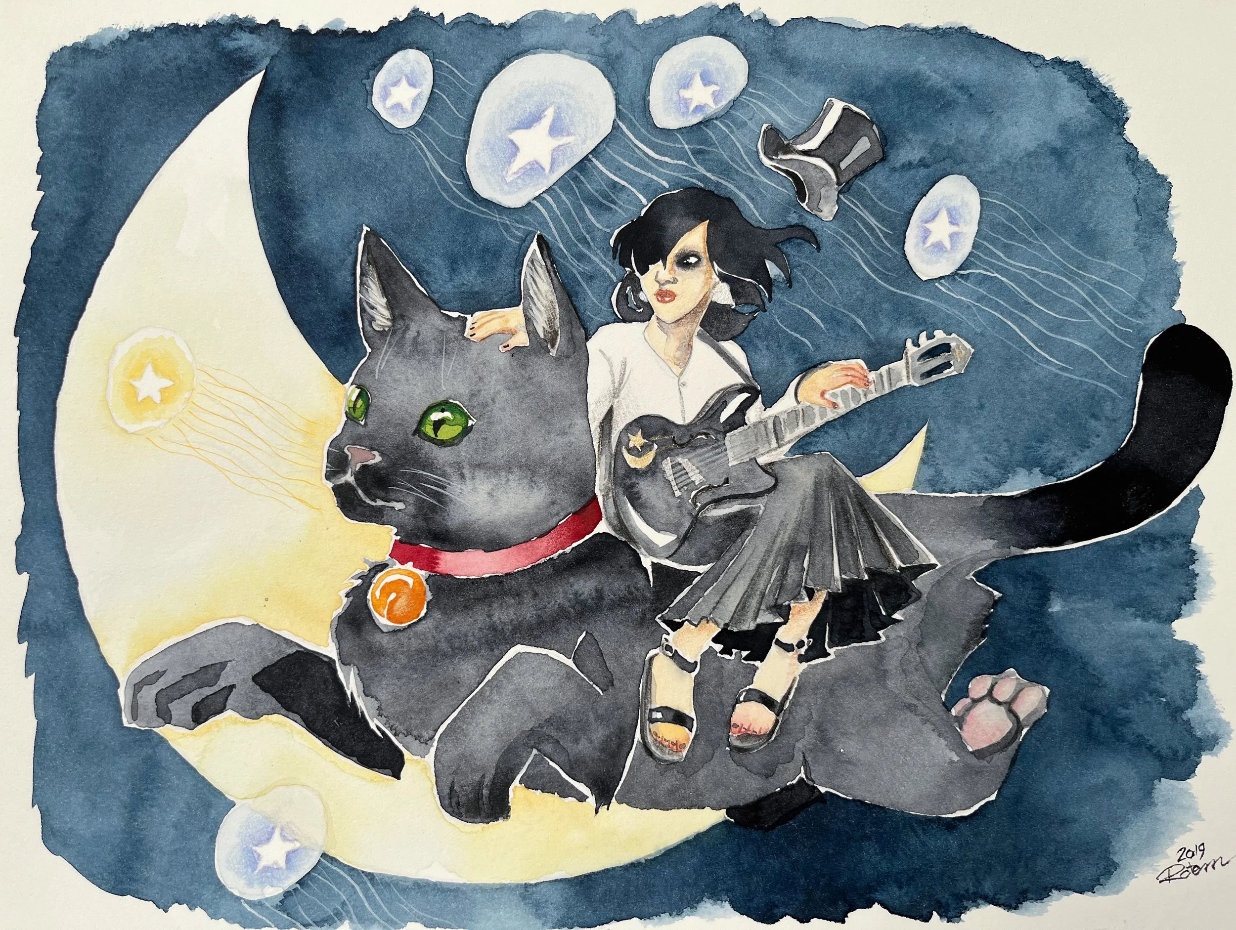 A watercolor painting of a person with black hair and dark makeup, sitting on a black cat with bright green eyes. The background is a dark blue night sky with floating jellyfish with star-shaped patterns within them and a crescent moon.