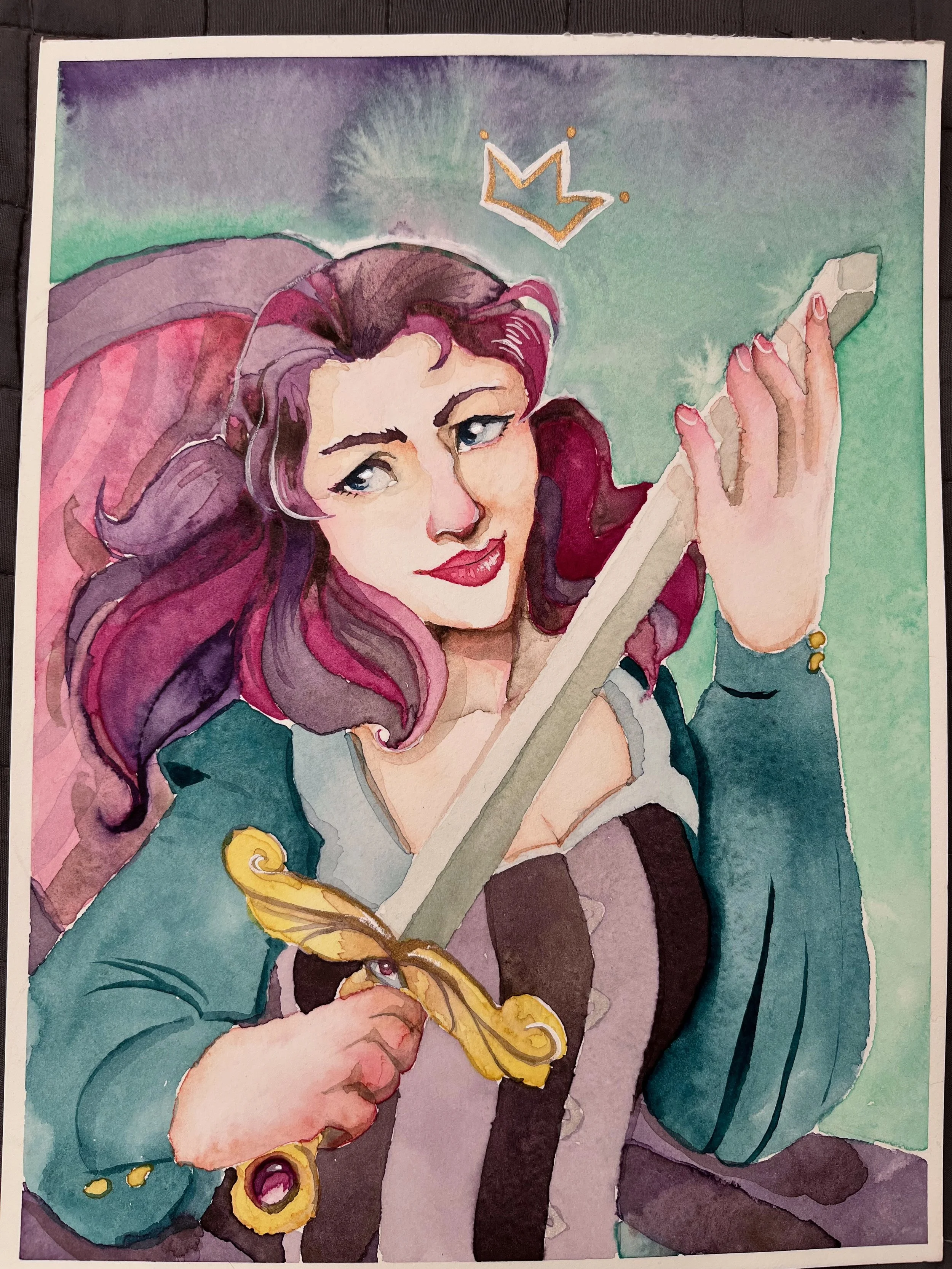 Watercolor illustration of a woman with long wavy purple hair, holding a sword with a golden handle, with a small gold crown floating above her head. The background features a gradient of muted purple and green tones.