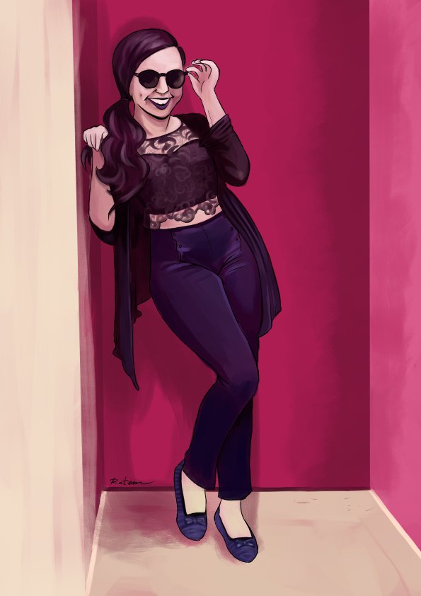 Digital illustration of a woman with long dark hair, wearing sunglasses, a black lace crop top, dark high-waisted jeans, and black shoes, posing against a pink wall.