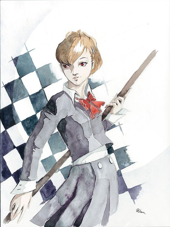 Watercolor illustration of a young woman holding a pole, wearing a gray school uniform with a red bow, standing in front of a checkered flag.