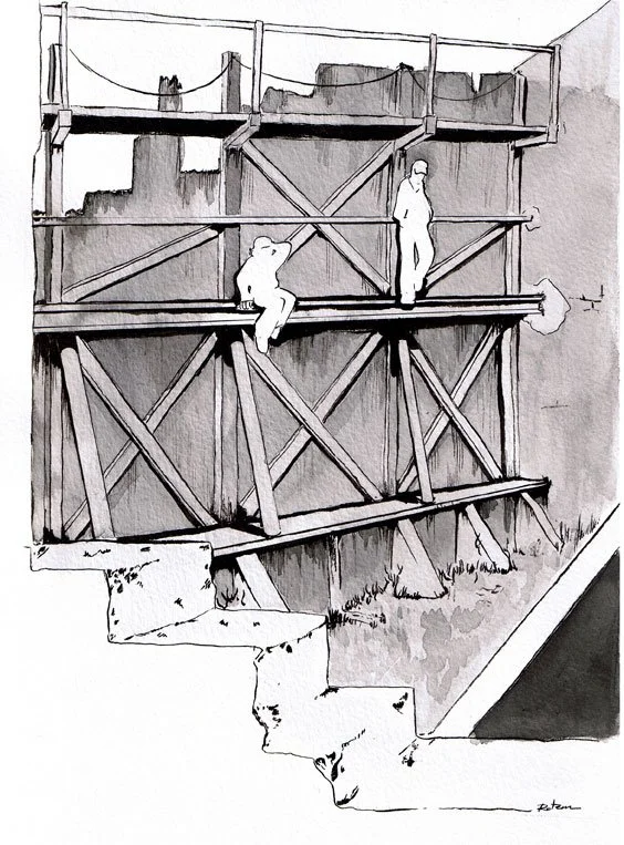 A black and white illustration of a construction site with scaffolding, with two silhouettes standing on the scaffolding.
