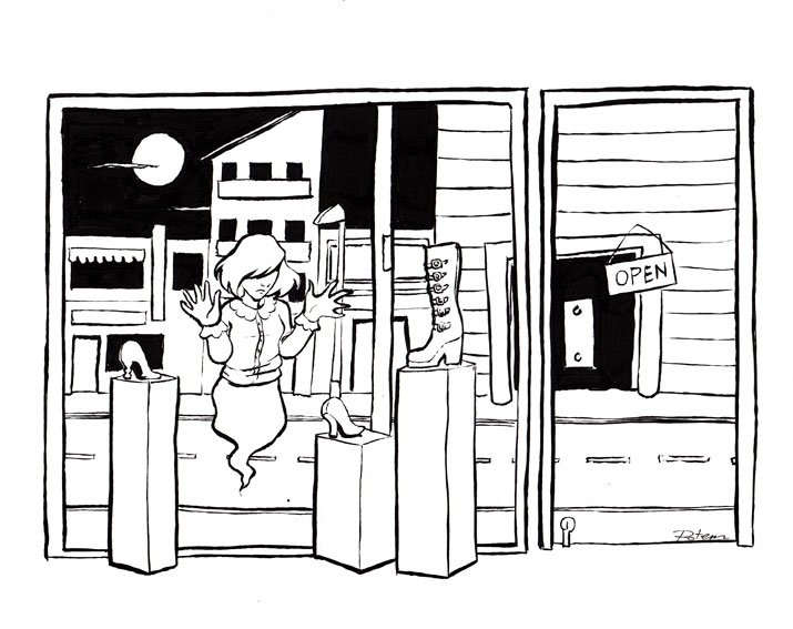 Drawing of a shoe store window at night with a ghostly woman inside, moon visible outside, and shoes displayed on pedestals. There is an open sign on the door.