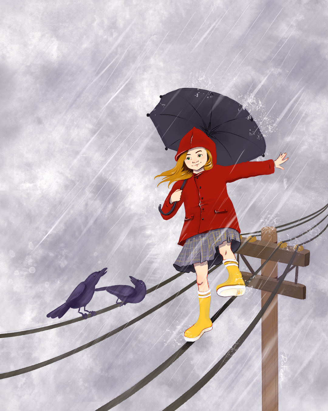 A girl in a red raincoat, yellow rain boots, and a red hood, walking on power lines during a rainy day with rain pouring down and dark clouds, holding an umbrella, while two birds sit on the power line.