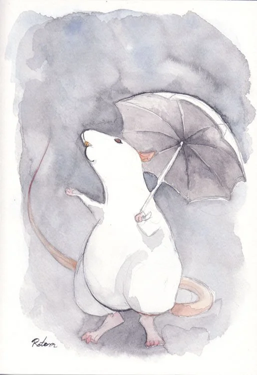 A watercolor painting of a white rat holding a gray umbrella against a dark, cloudy background.