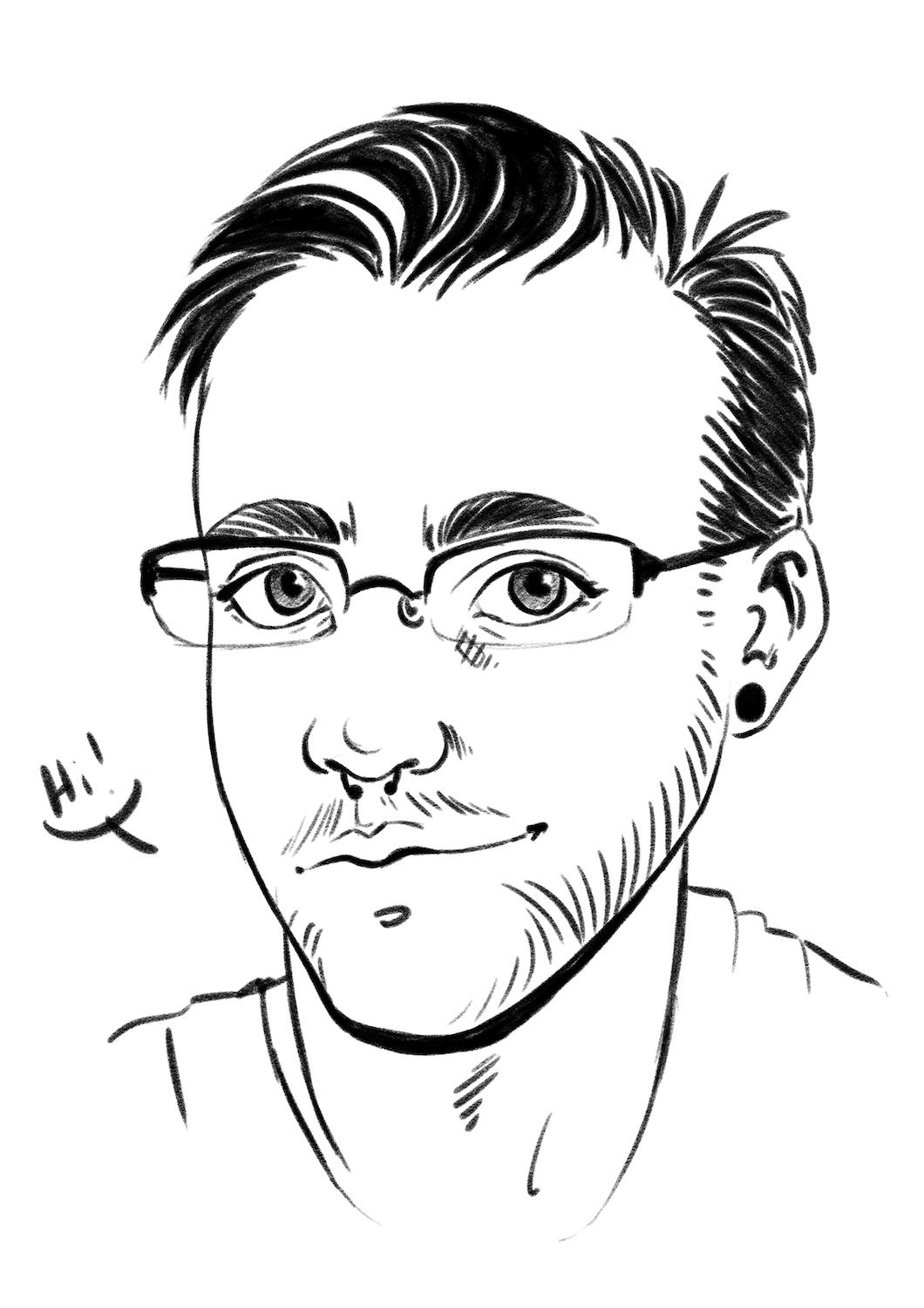 Black and white sketch of a young person's face with glasses, short hair, earring, and a small beard, smiling slightly with a speech bubble saying "Hi!"
