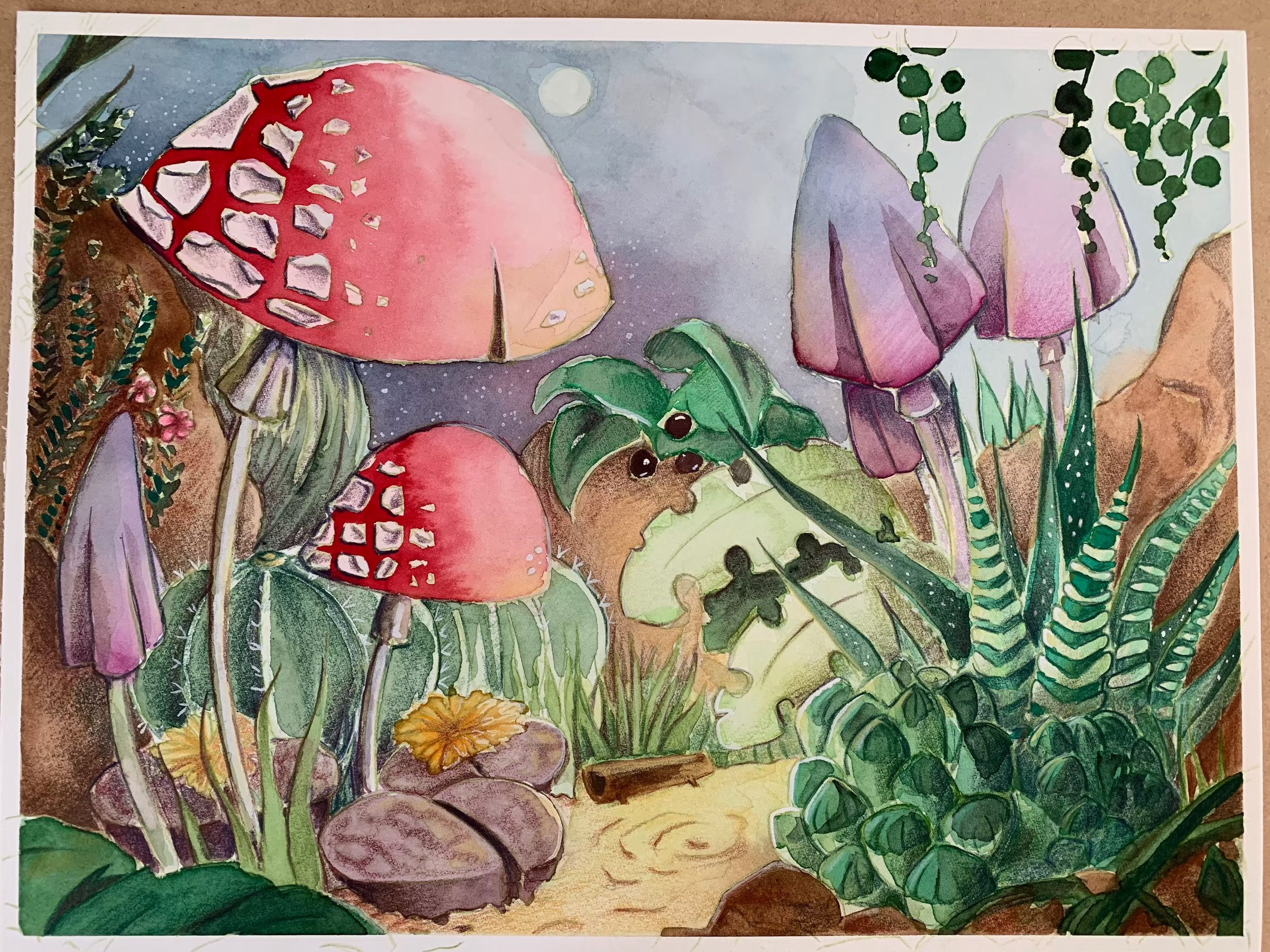 Watercolor painting of a garden scene featuring large pink and red mushrooms, green leafy plants, a small yellow flower, and a background with a pale moon in a blue sky.