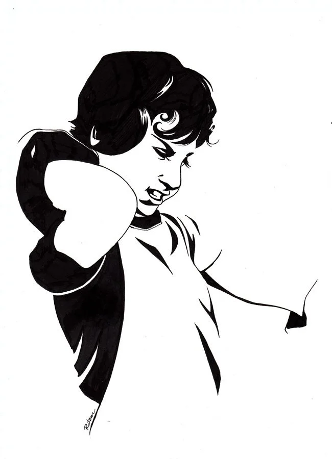Black and white illustration of a young boy with short hair, looking down with a slight smile, wearing a shirt, with one hand behind his head.