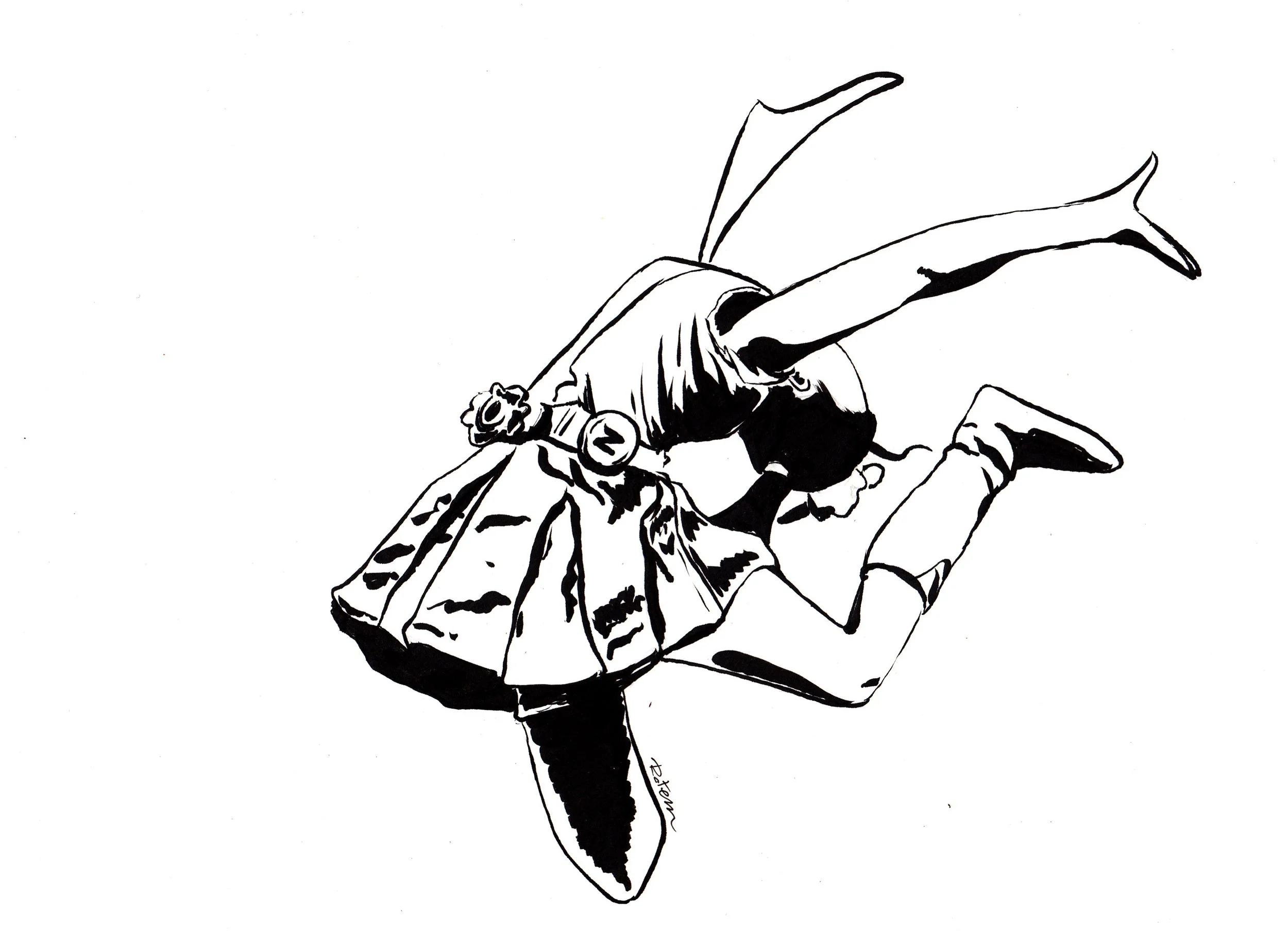 Black and white line drawing of a woman in a dance pose, with one arm raised and her head tilted back.