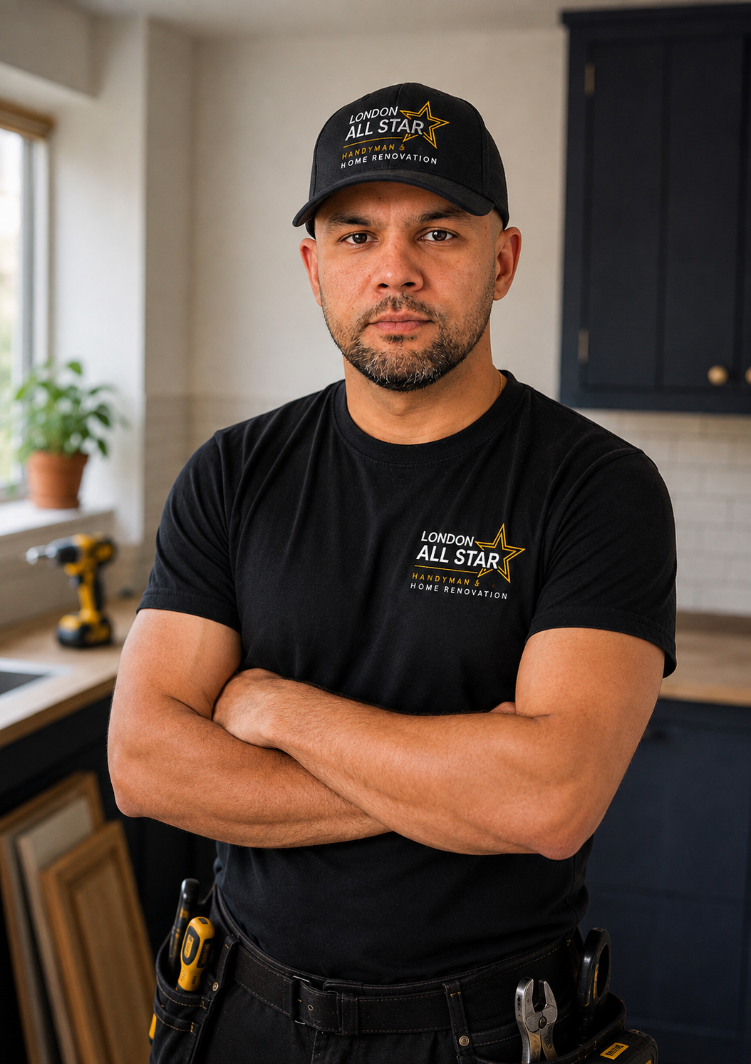 A man standing indoors with arms crossed, wearing a black "London All Star Handyman & Home Renovation" uniform, including a cap and t-shirt, in a kitchen with a window, potted plant, and tools in the background.