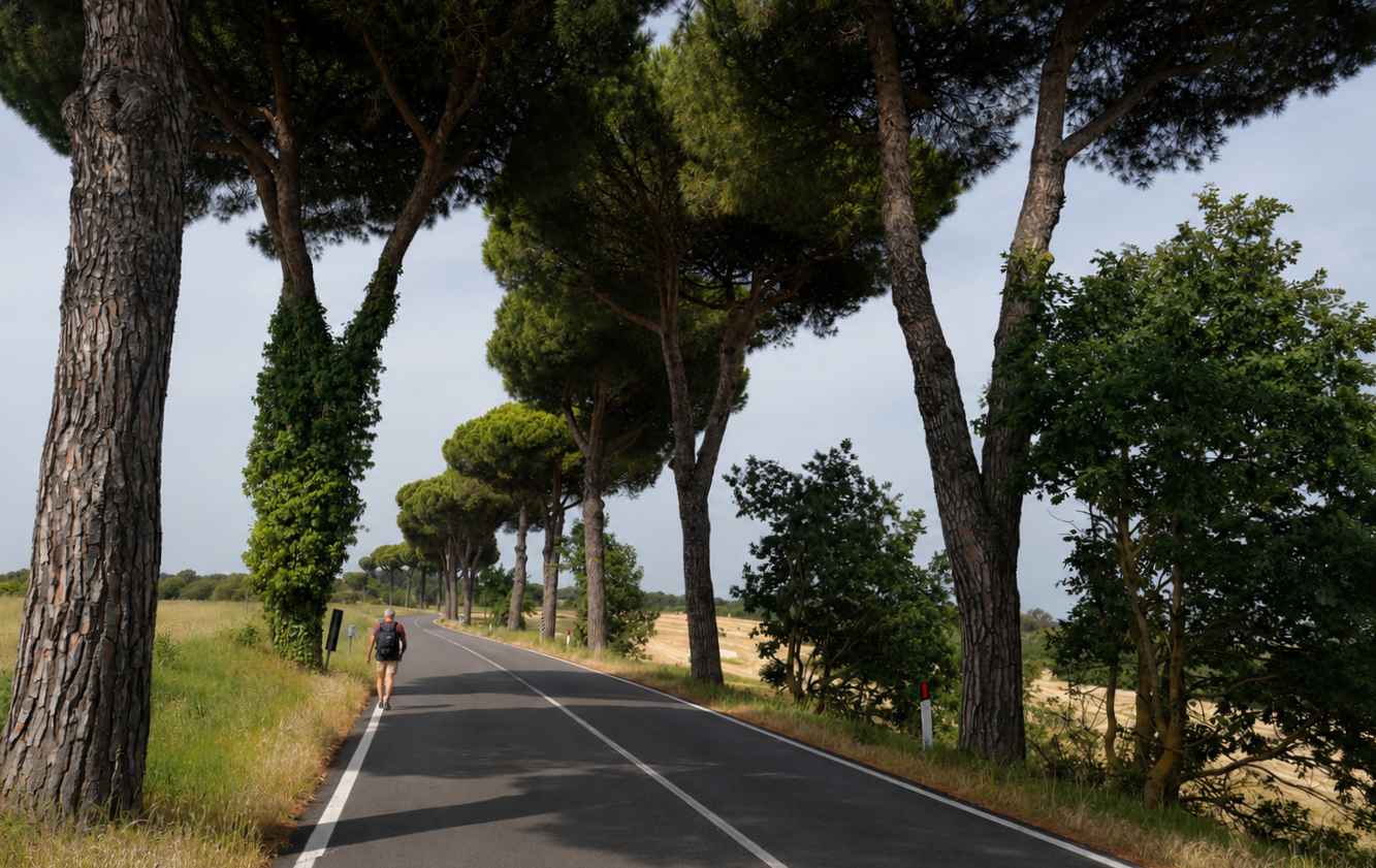 A person walking alone along a quiet, tree-lined road, reflecting the first steps towards change and self-understanding.