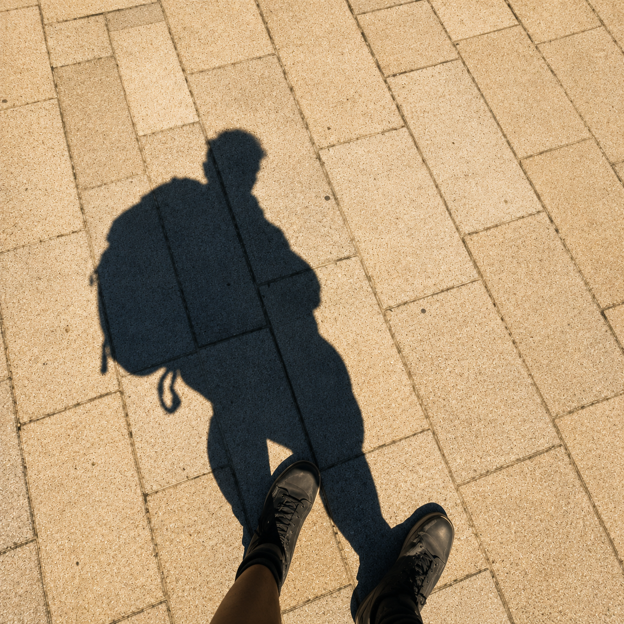 The shadow of a person wearing a backpack and walking boots stretching across sunlit paving, capturing a quiet moment of presence.