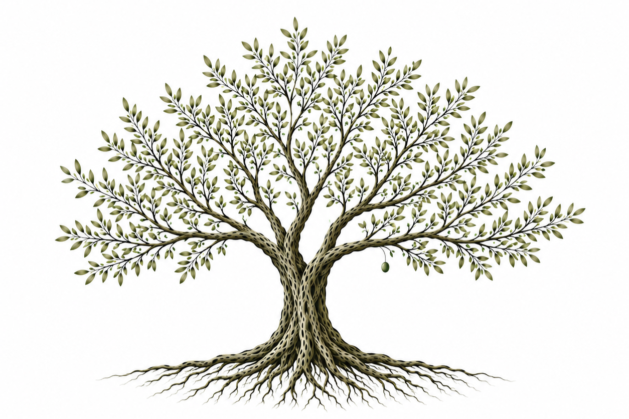 The One Victory logo showing an olive tree with spreading branches, deep roots and a single olive, representing resilience, growth and hope.
