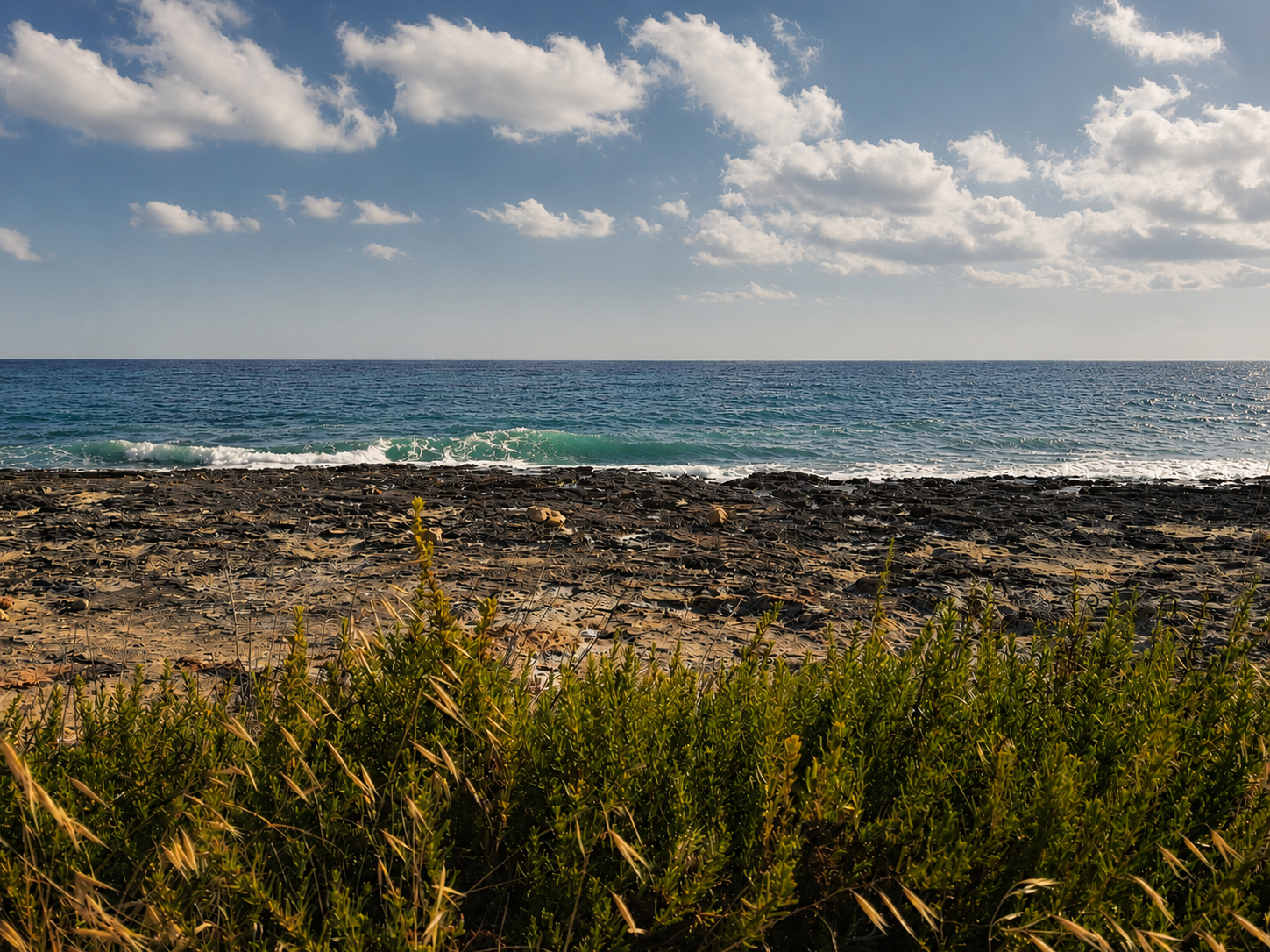 Grasses and wild plants overlooking a rocky shoreline, with blue sea and scattered clouds stretching towards the horizon.