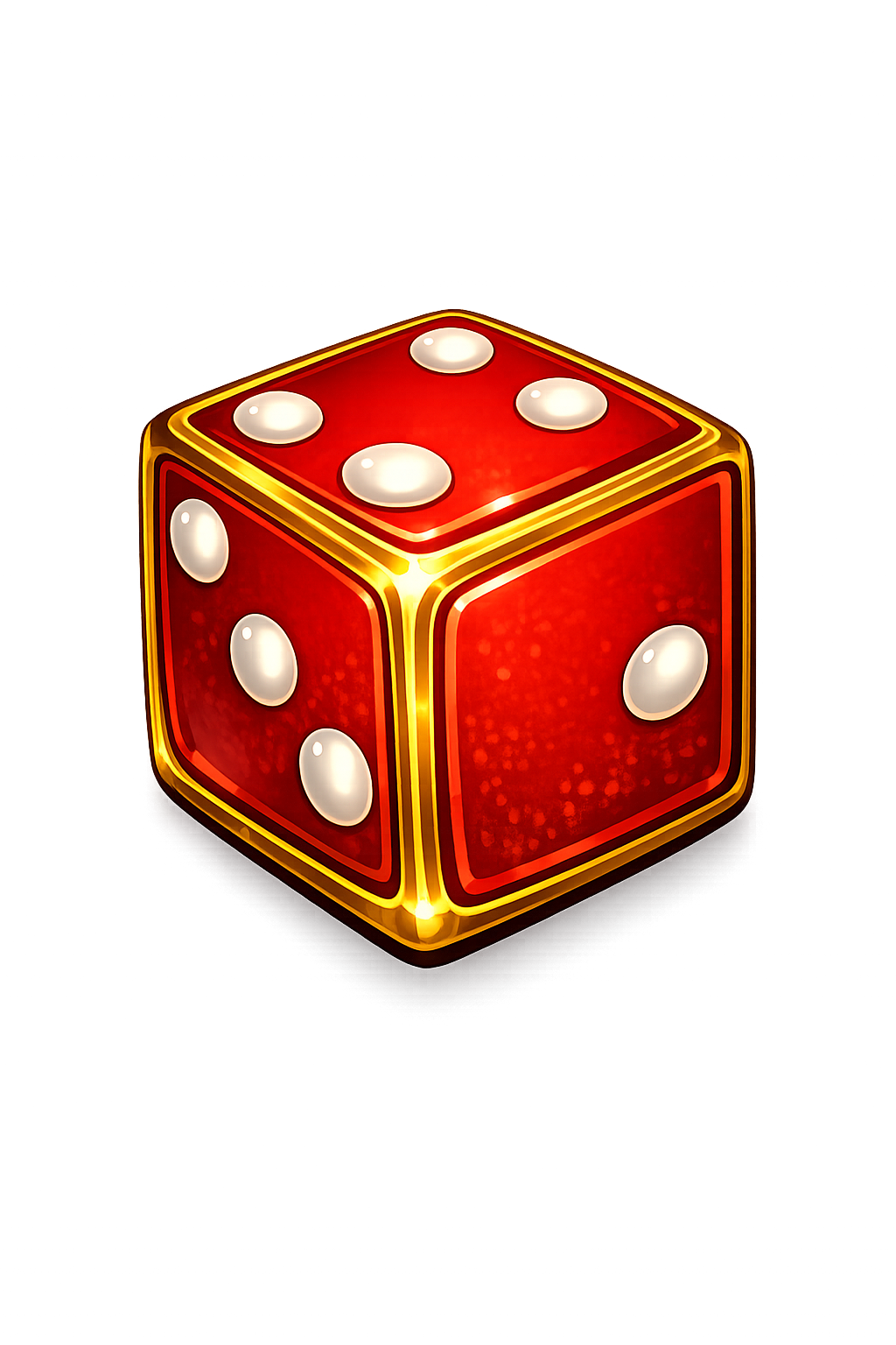 A red, shiny, three-dimensional dice with white dots, illuminated by a golden glow.