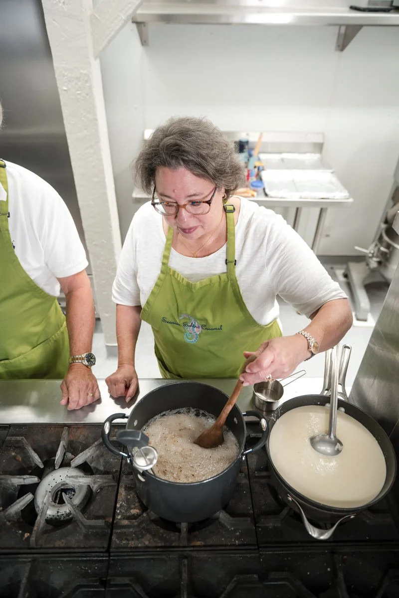 Irene stirring boiling salted caramel in Carteret County, North Carolina