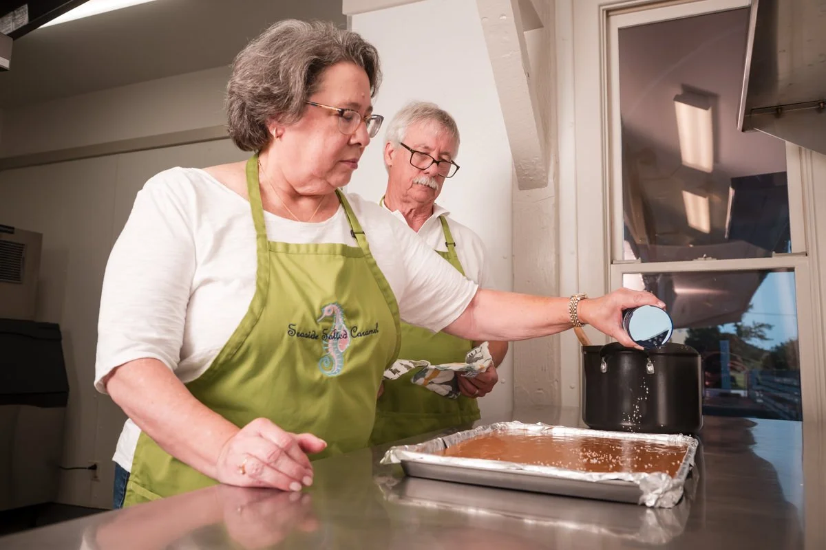 Irene salting fresh caramel in Carteret County, North Carolina