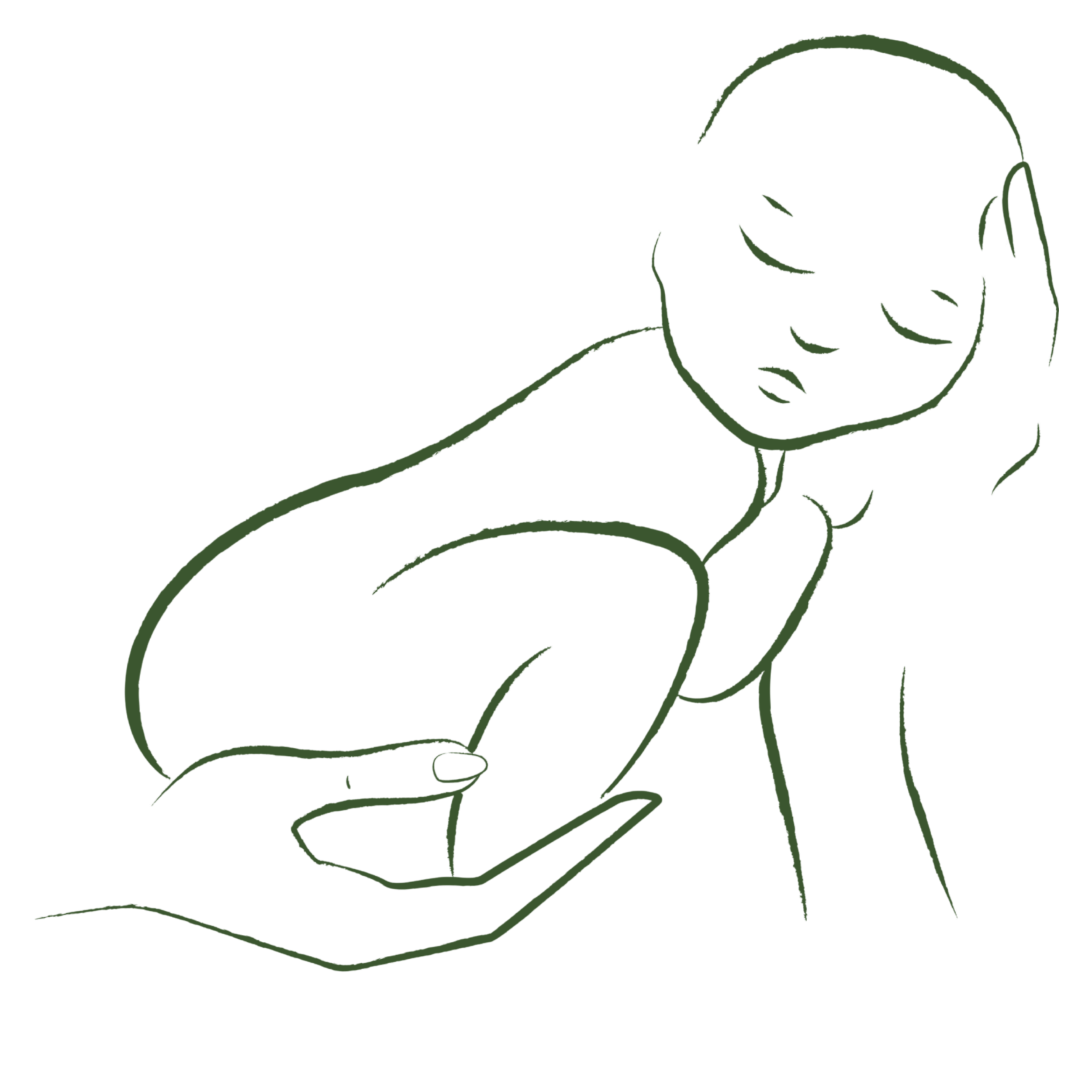 Minimalist line drawing of a person with their head resting on their hand, with a large leaf or plant element behind them, in dark green outline.