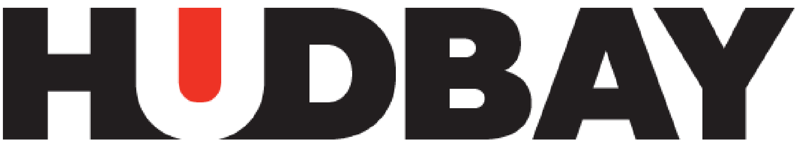 The high-contrast logo of HUDA Beauty, featuring the word "HUDBAY" in black capital letters with a red stylized icon resembling the letter "U" in the middle.