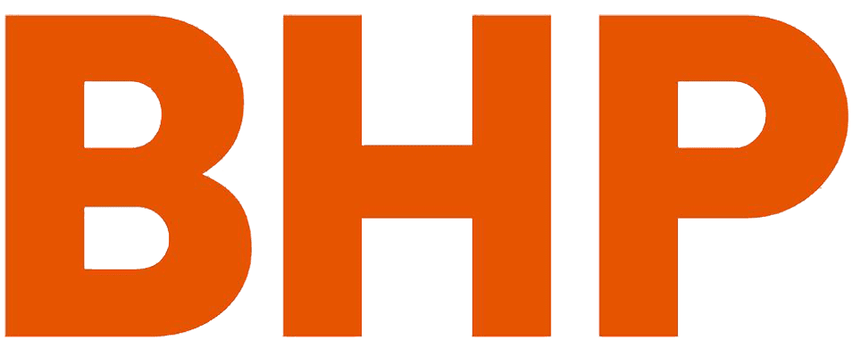 Bold orange letters spelling 'BHP' on a black background.