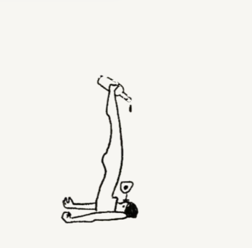 A stick figure lying on the ground with a raised leg and hand holding a hammer, with drops of liquid falling from the hammer.