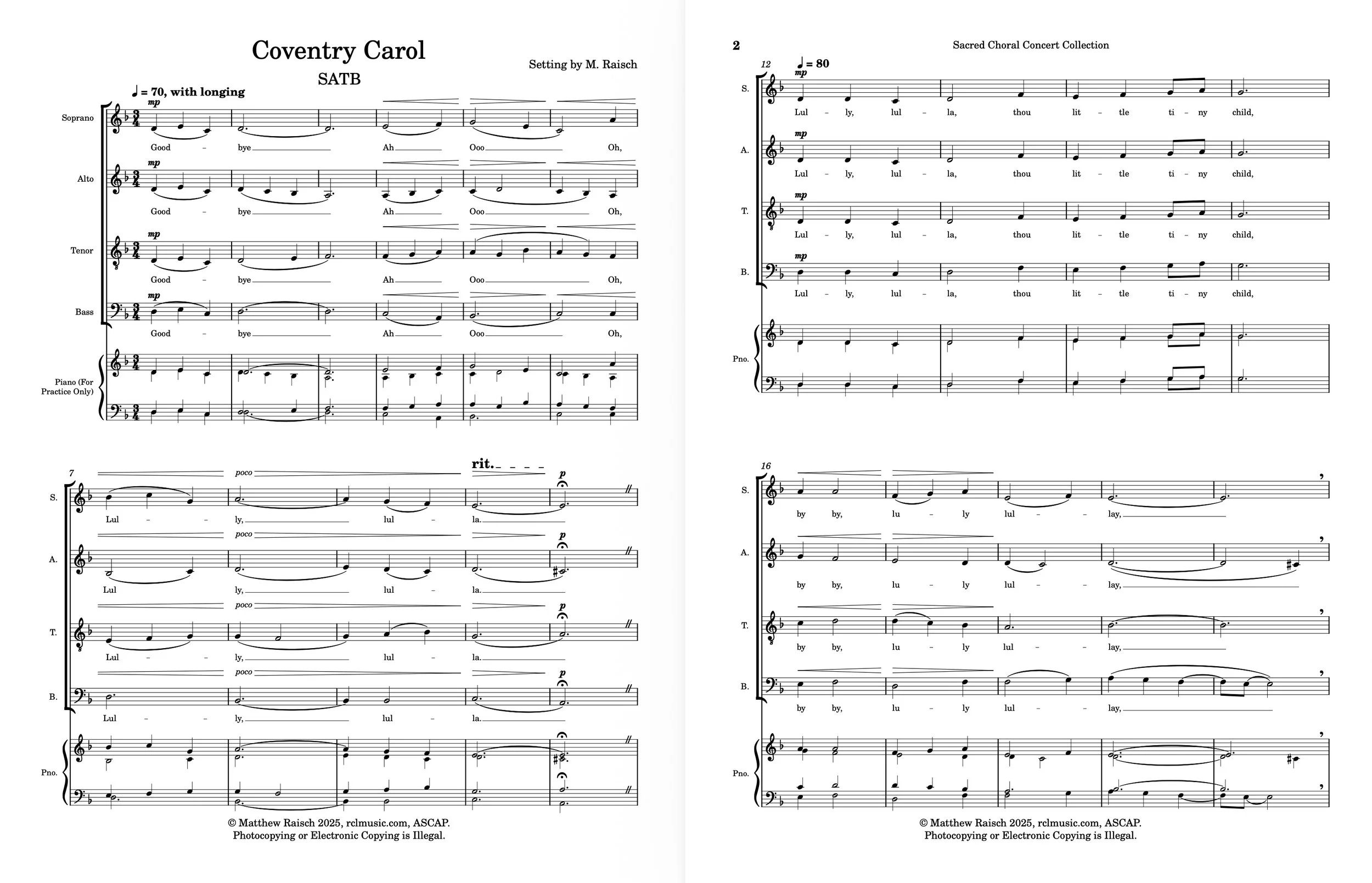Sheet music titled 'Coventry Carol' arranged for SATB choir, showing musical notes, lyrics, and arrangements for soprano, alto, tenor, and bass voices, with a piano accompaniment, published by Matthew Raisch.