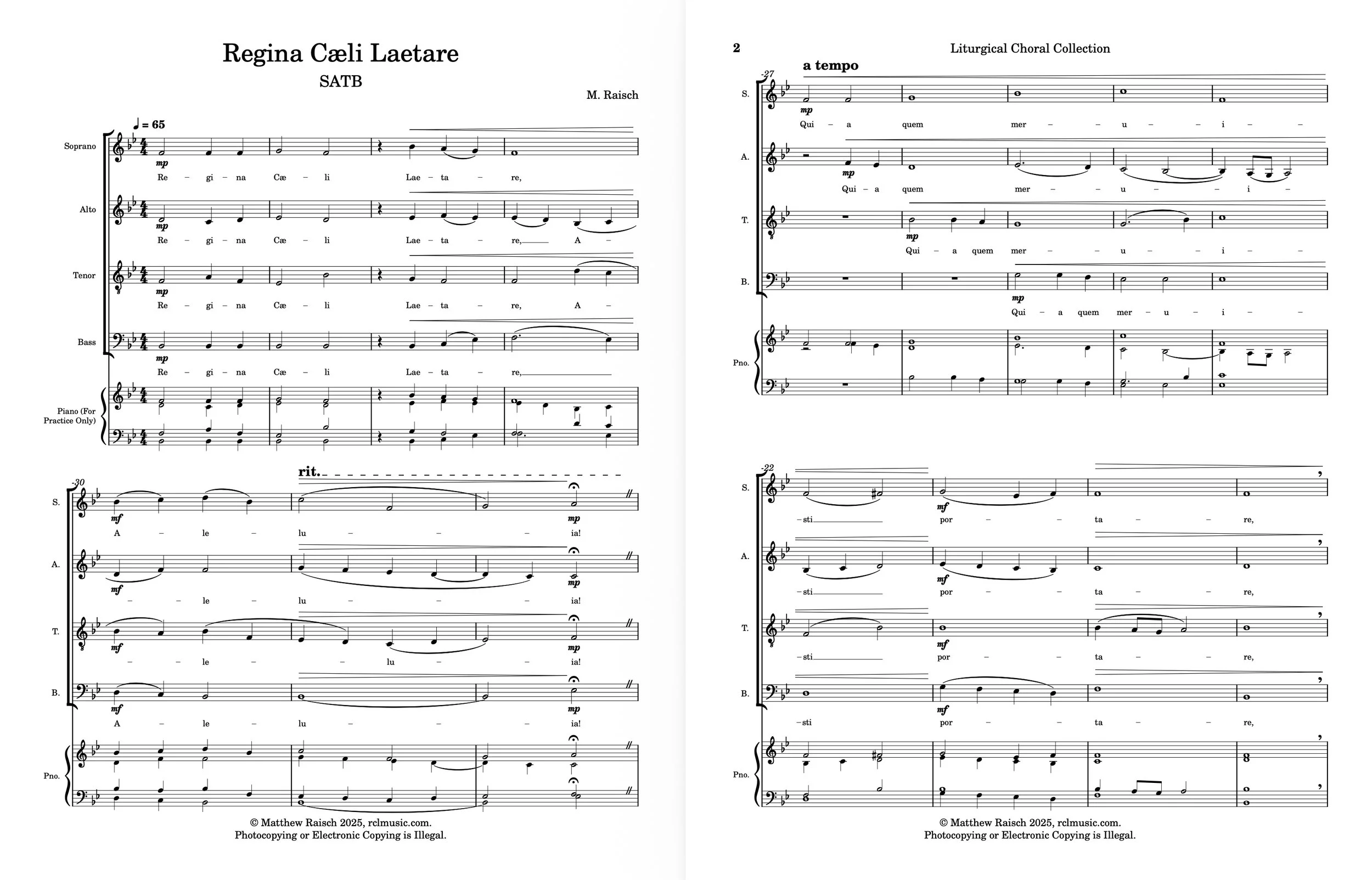 Sheet music for Regina Cæli Laetare, a choral piece, showing staves with musical notes and instructions, with a copyright notice at the bottom.