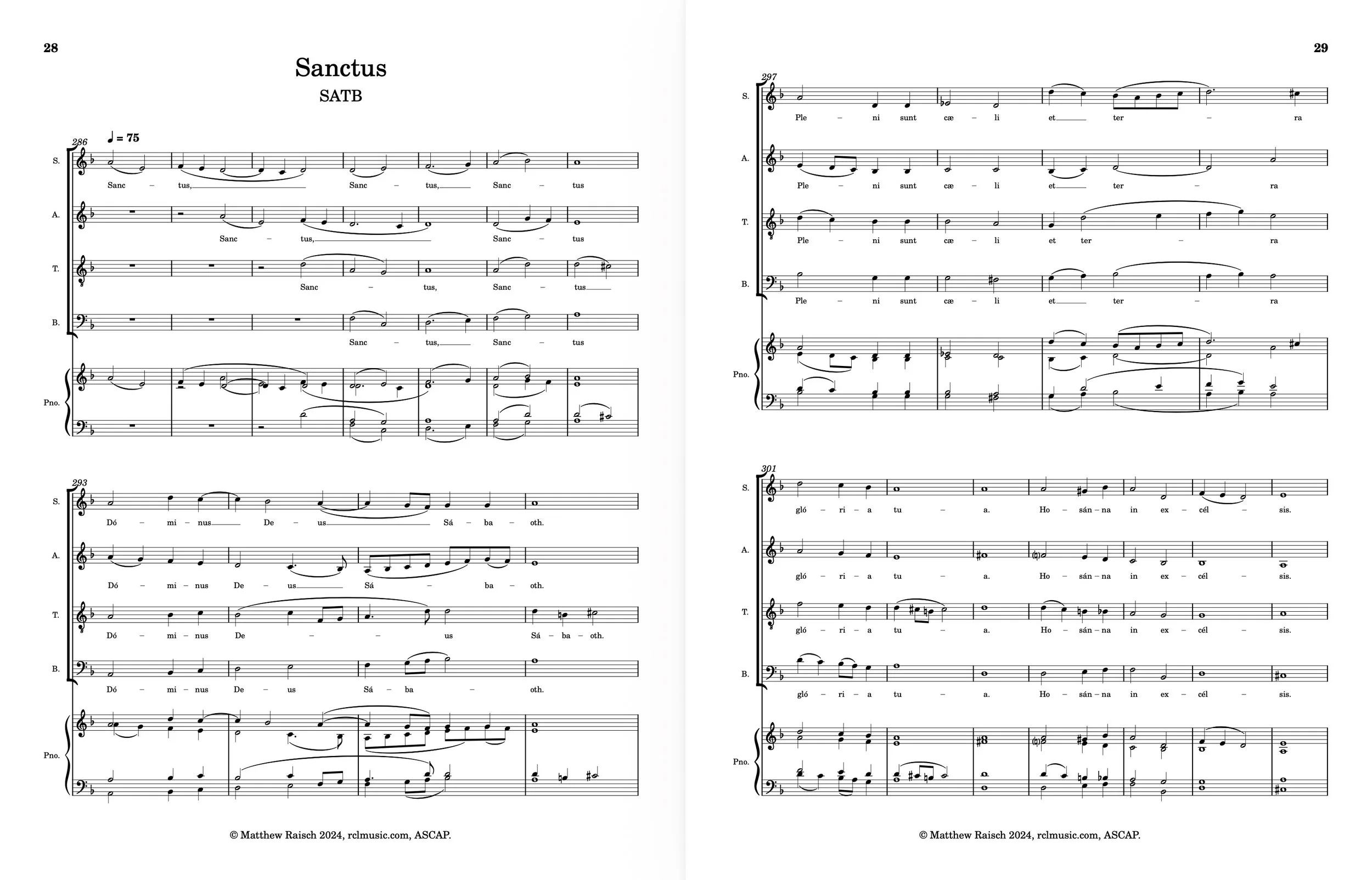 Sheet music titled 'Sanctus' for SATB choir, depicting musical notation and lyrics.