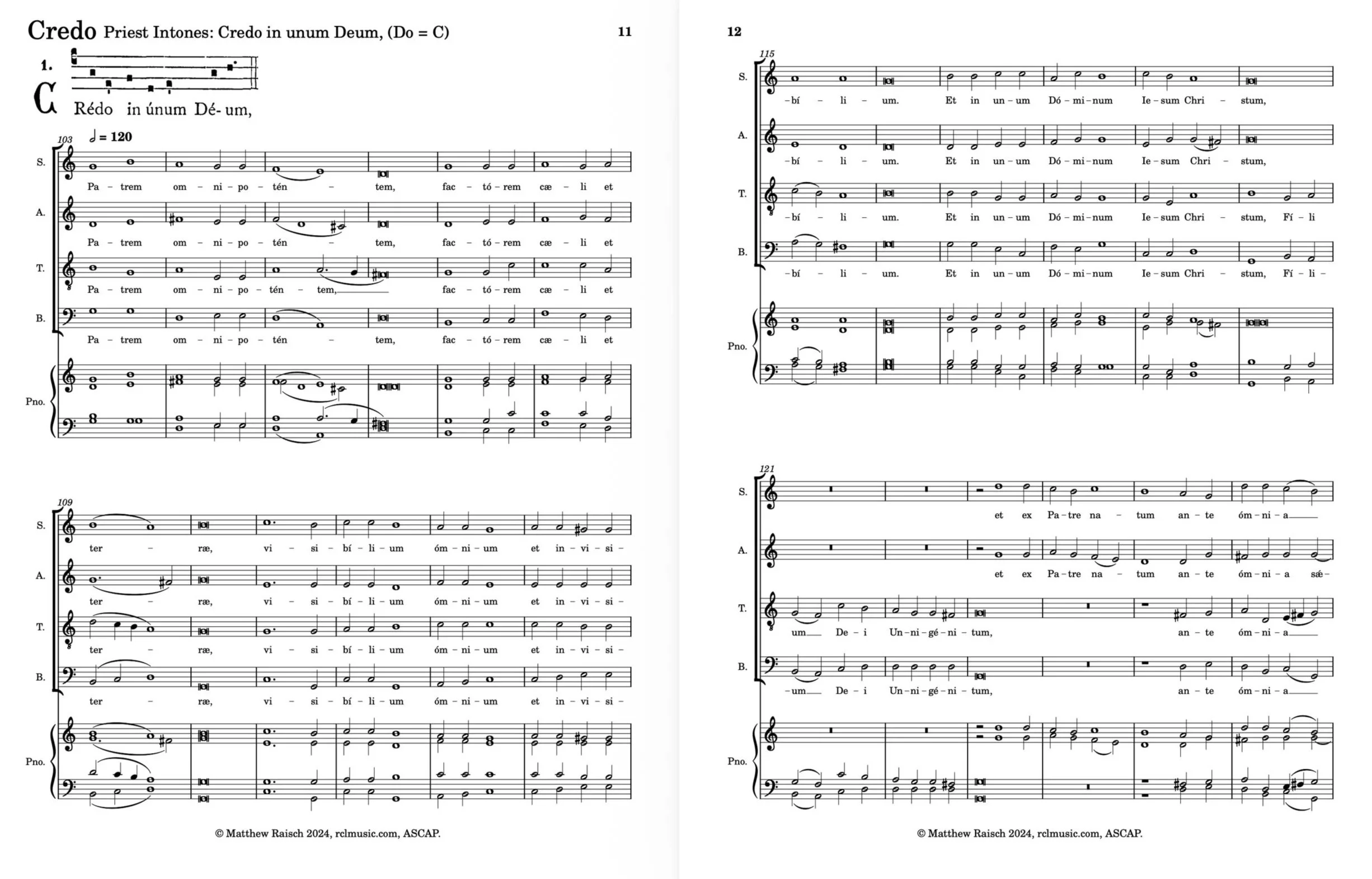 Two pages of sheet music for a choral piece titled 'Credo,' with musical notation, lyrics in Latin, and composer credits at the bottom.