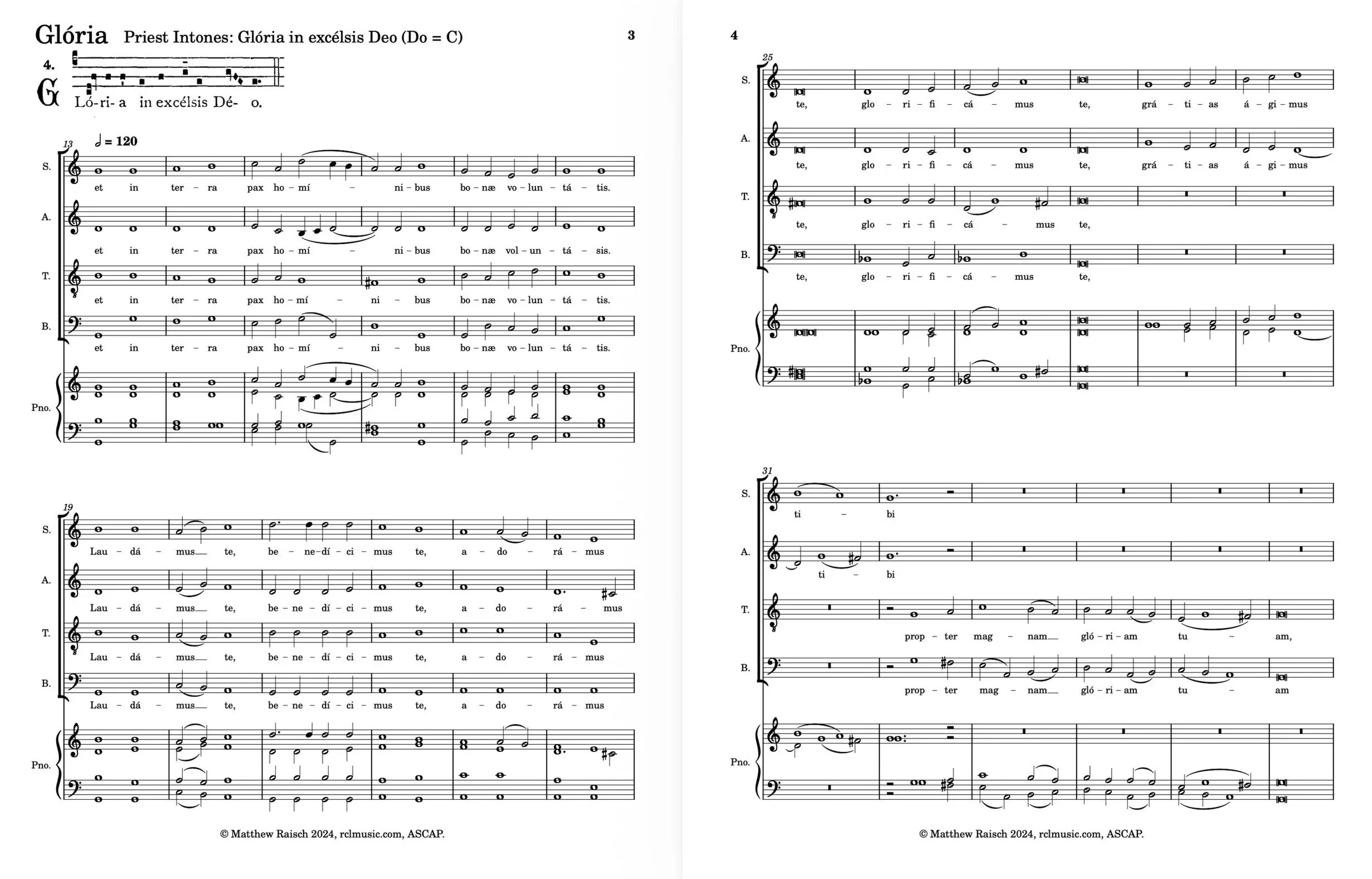Music sheet with Latin lyrics titled 'Glória' for the priest intones, indicating it is for a Gregorian chant or choir performance.