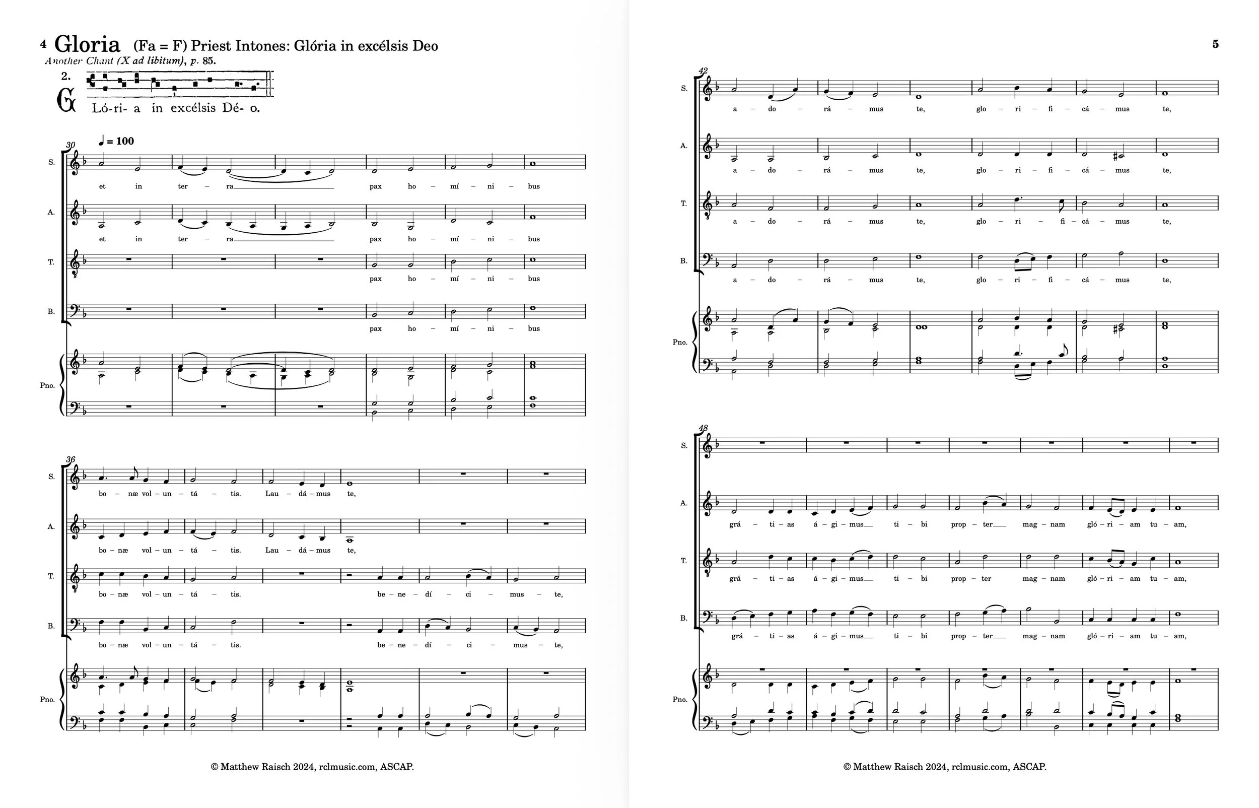 Sheet music of the hymn 'Gloria' with musical notes, lyrics in Latin, and a copyright notice at the bottom.