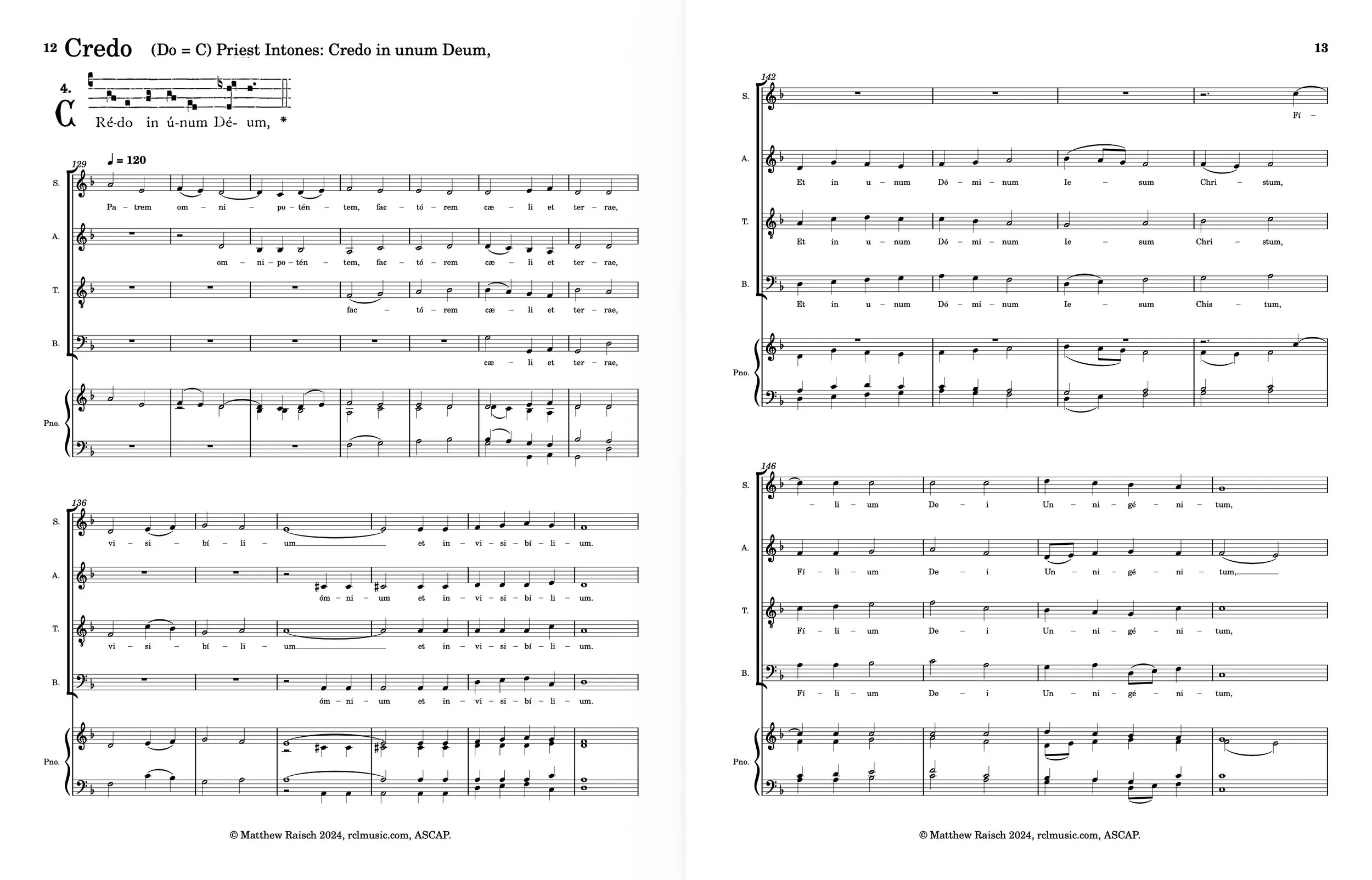 Page of musical sheet music titled "Credo" with musical notations, lyrics in Latin, and attribution to Matthew Raisch at the bottom.