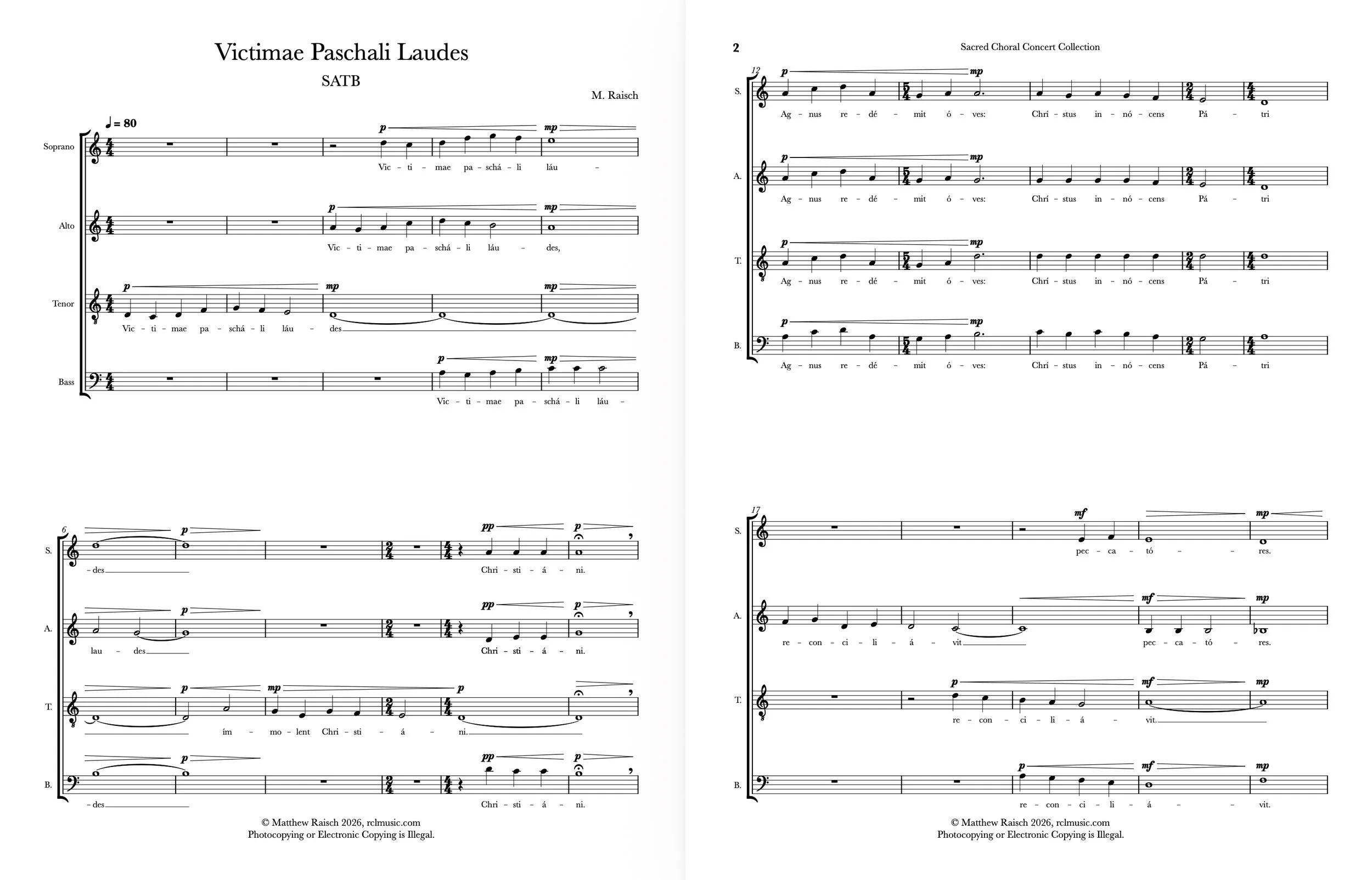 Page of sheet music titled 'Victimae Paschali Laudes' composed by M. Raisch. The music is for SATB choir with parts for Soprano, Alto, Tenor, and Bass, featuring musical notation, lyrics in Latin, and performance instructions.