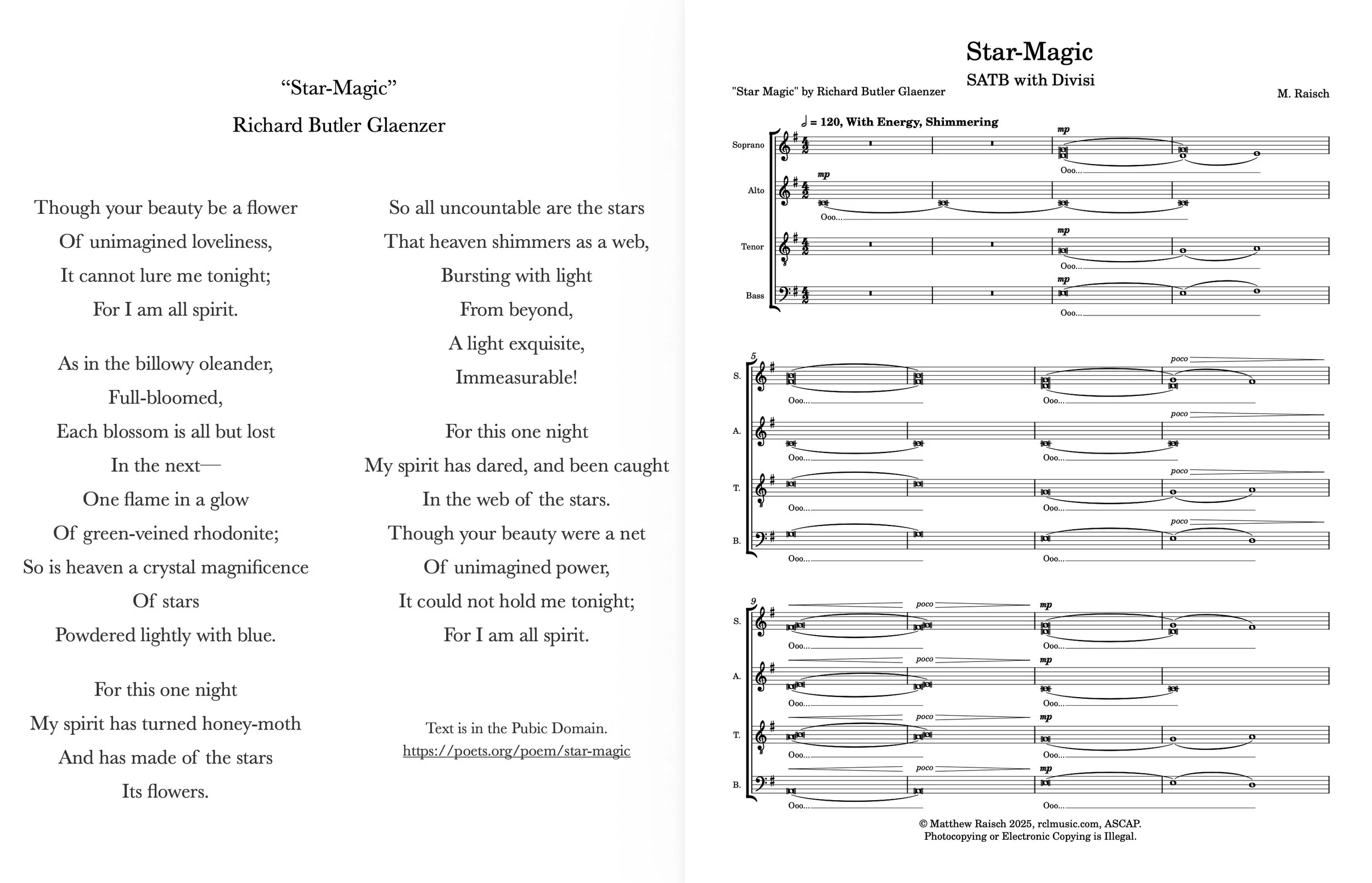 Sheet music and poem titled 'Star-Magic' by Richard Butler Glaenzer with lyrics on the left and the musical notation on the right.