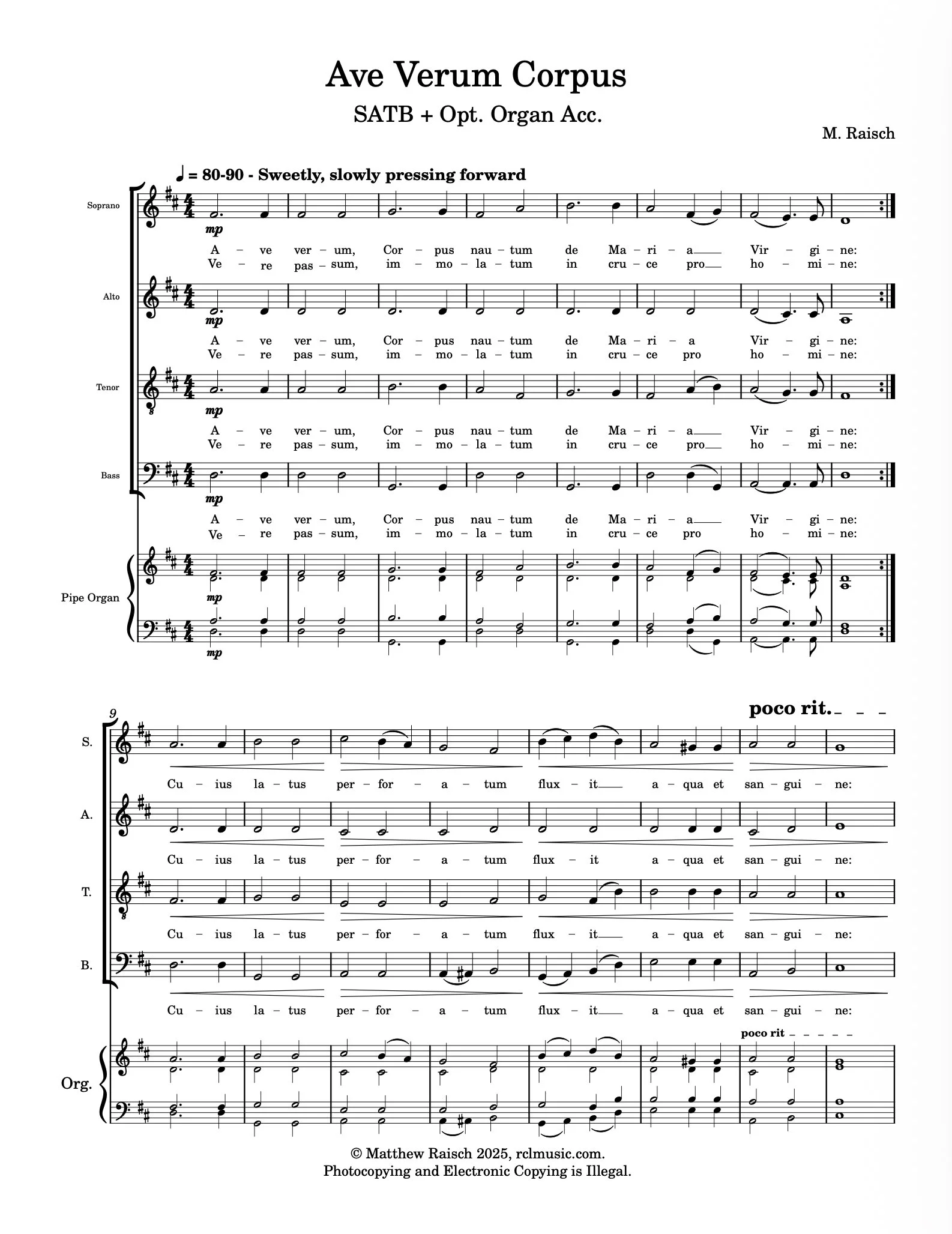 Music sheet titled Ave Verum Corpus with lyrics for soprano, alto, tenor, bass, and organ parts.