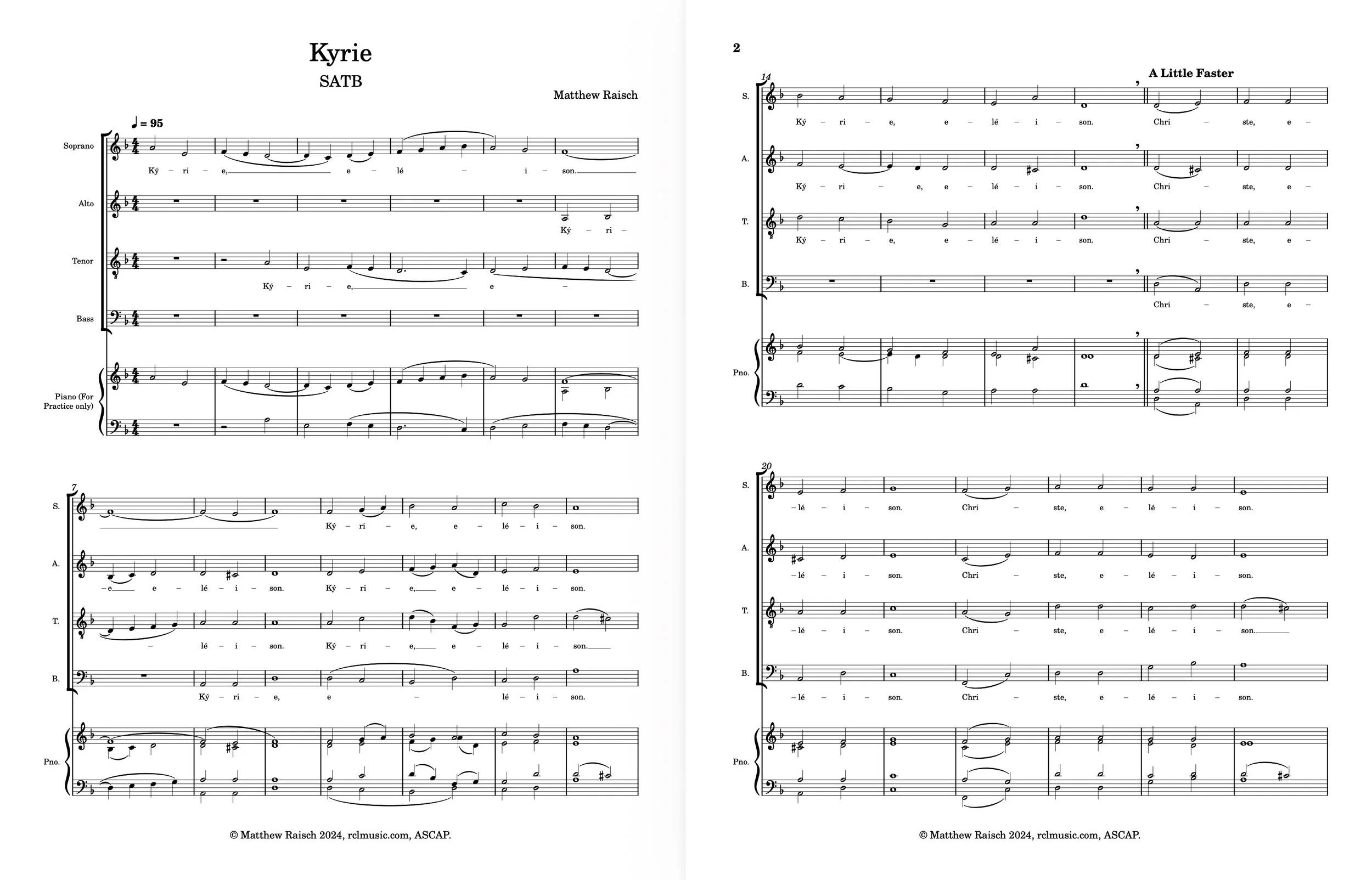 Music sheet of the song 'Kyrie' with musical notation for soprano, alto, tenor, bass voices, and piano, composed by Matthew Raisch.