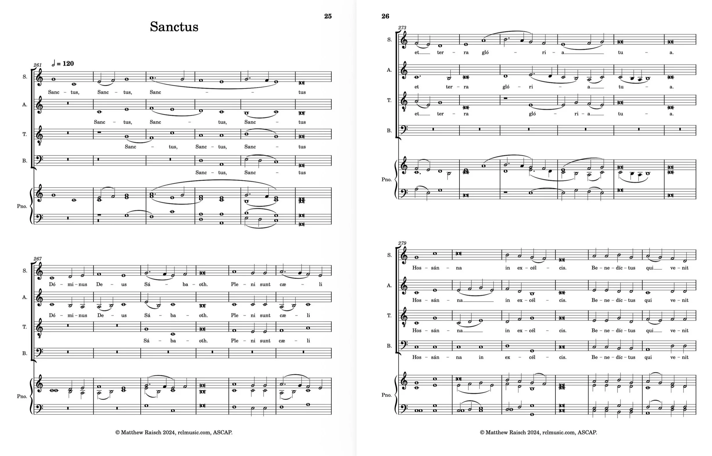 Sheet music titled 'Sanctus' with musical notes, lyrics in Latin, and composer credits at the bottom.