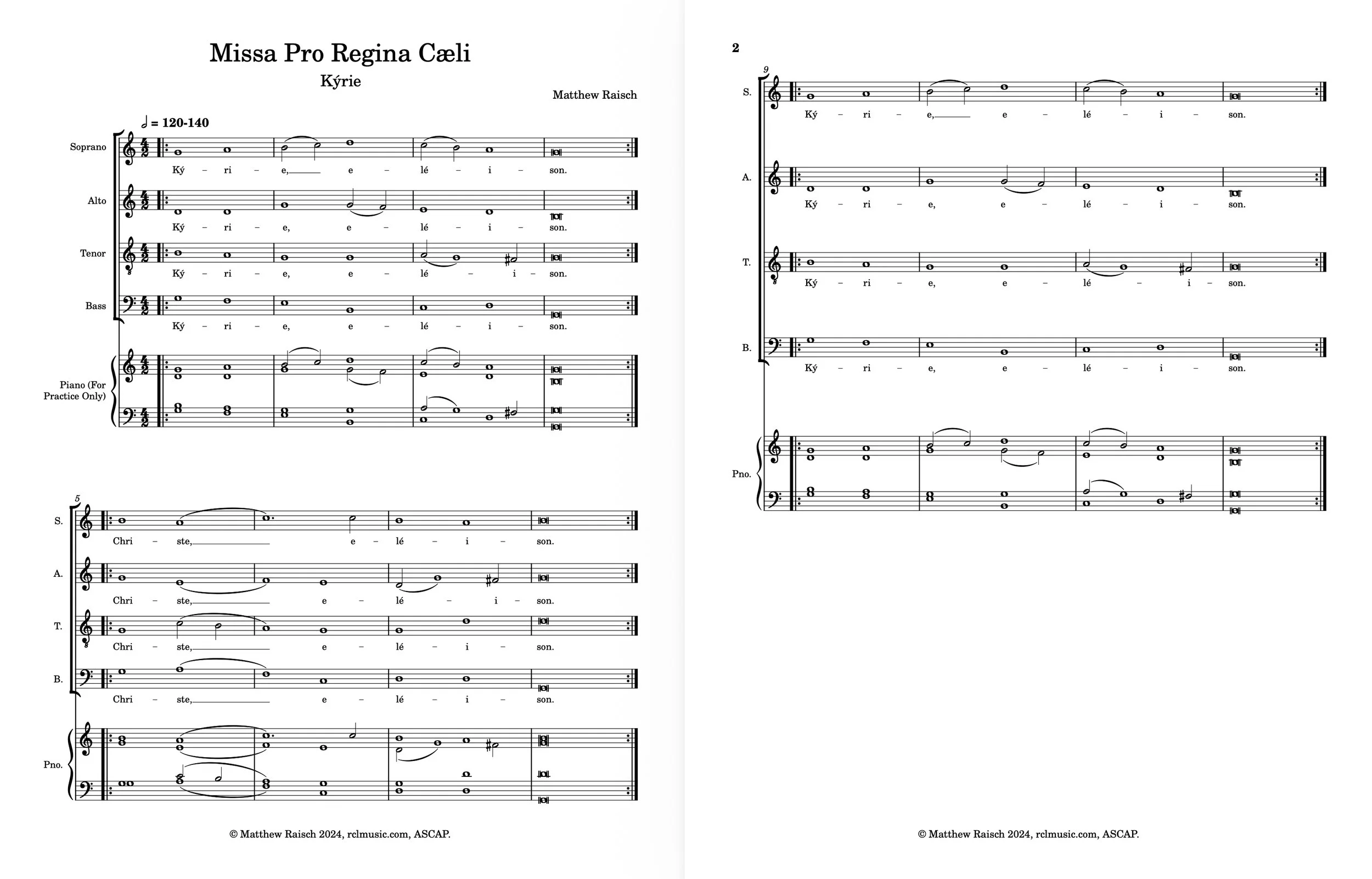 Sheet music for a choral piece titled 'Missa Pro Regina Cæli' by Matthew Raisch, with musical notation for soprano, alto, tenor, bass, and piano, including lyrics and musical symbols.