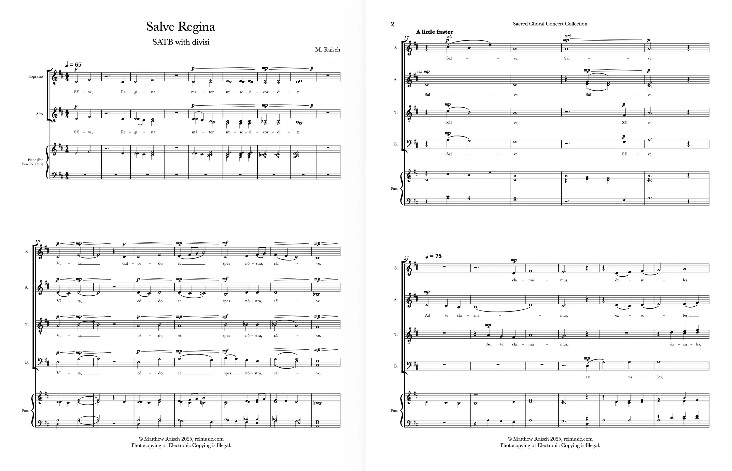 Music sheet titled Salve Regina with musical notation for voices and piano, copyright information for Matthew Raisch.