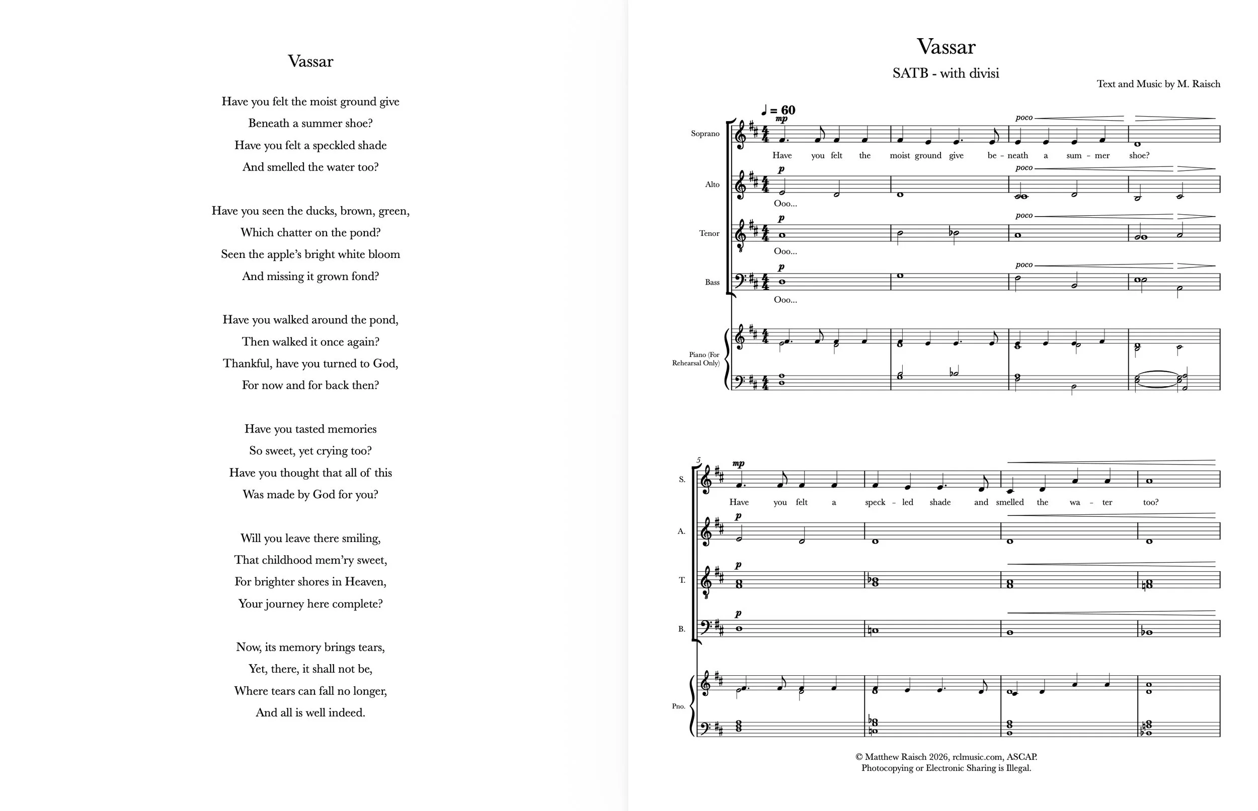 Page from a musical score and lyrics of a song titled 'Vassar'. The lyrics ask about childhood memories at a pond and feelings of gratitude. The sheet music includes musical notation for SATB.