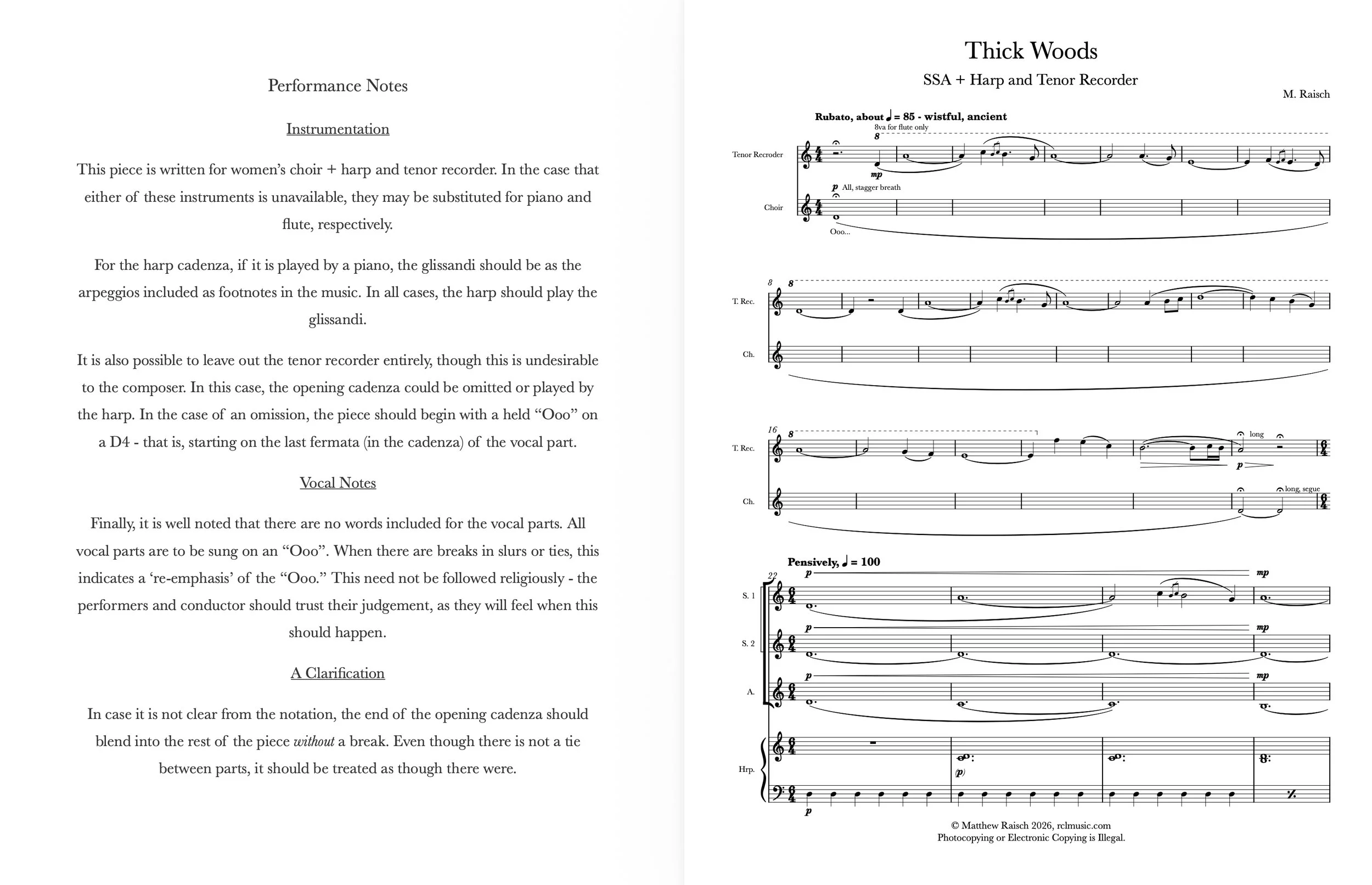 A musical score titled 'Thick Woods' composed by M. Raisch, featuring parts for SSA, harp, and tenor recorder.