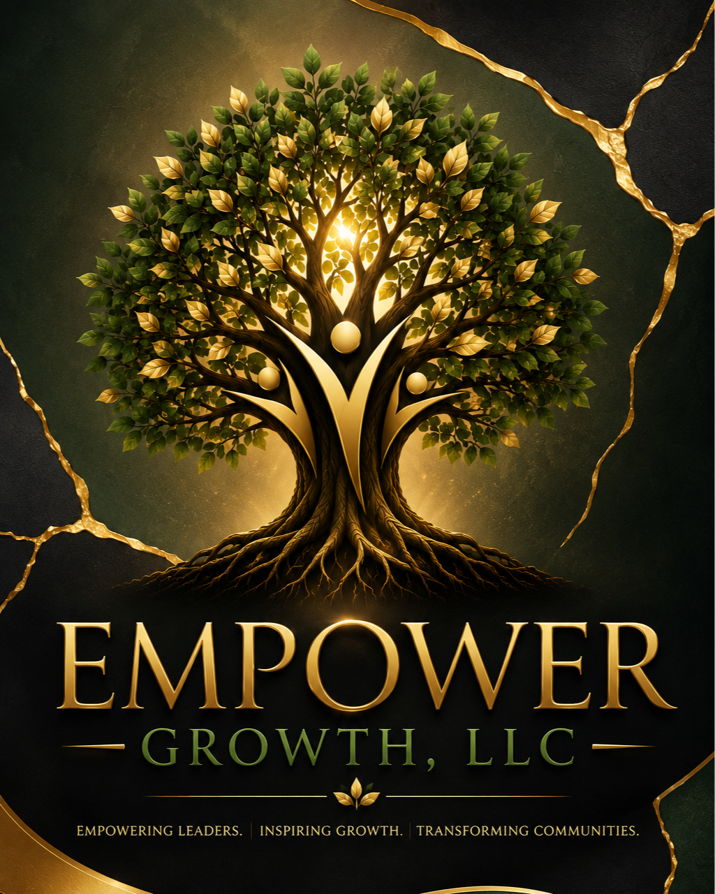 A stylized tree with gold and green leaves, glowing light behind it, surrounded by cracks in a dark background, with the words 'Empower Growth, LLC' at the bottom.