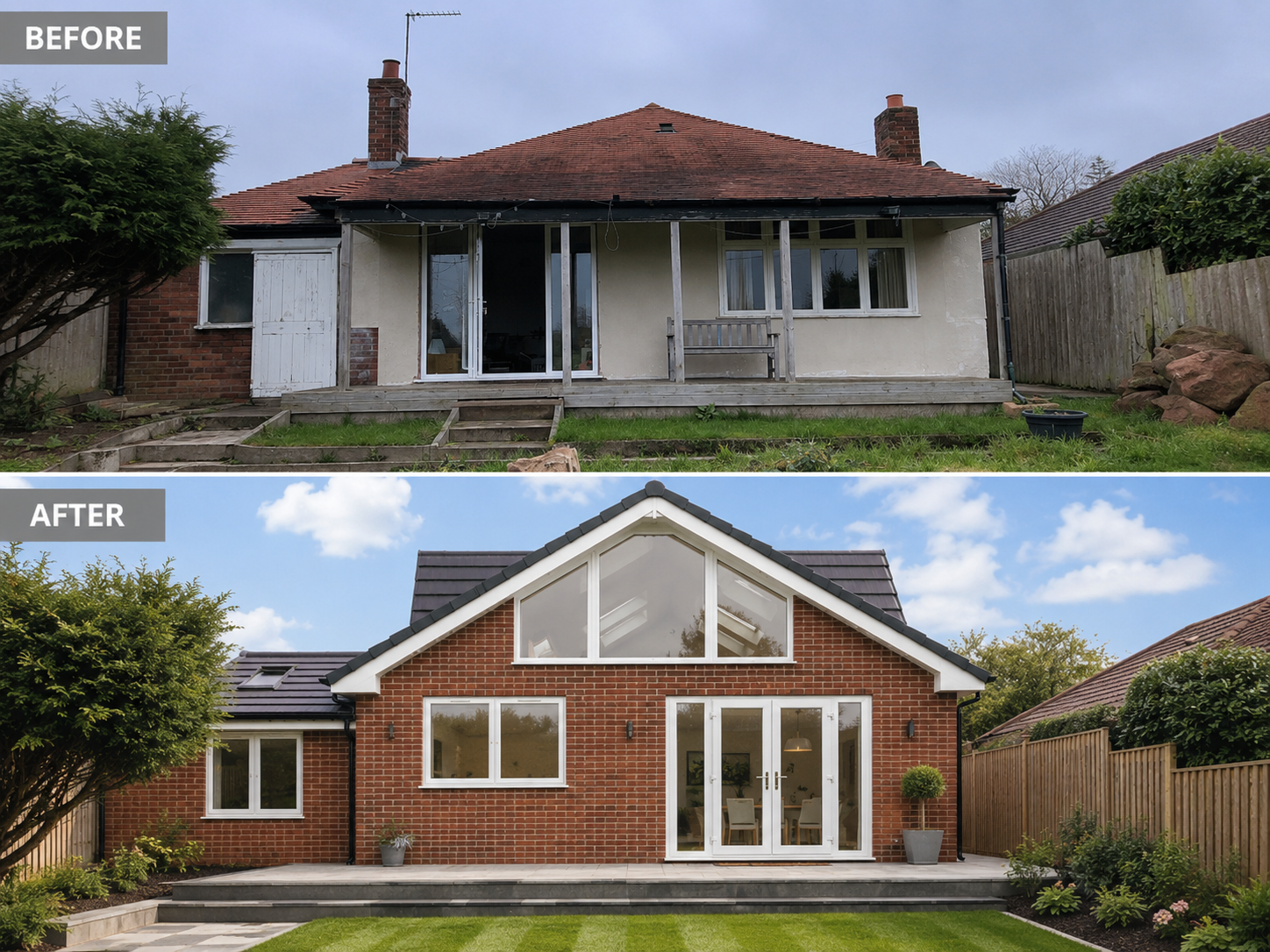 Before and after of a bungalow extension in Wirral creating a larger modern family home