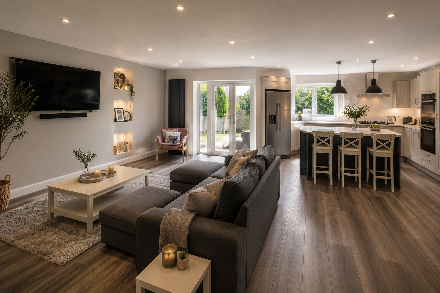 Open-plan kitchen and living space completed as part of a home renovation in Wirral