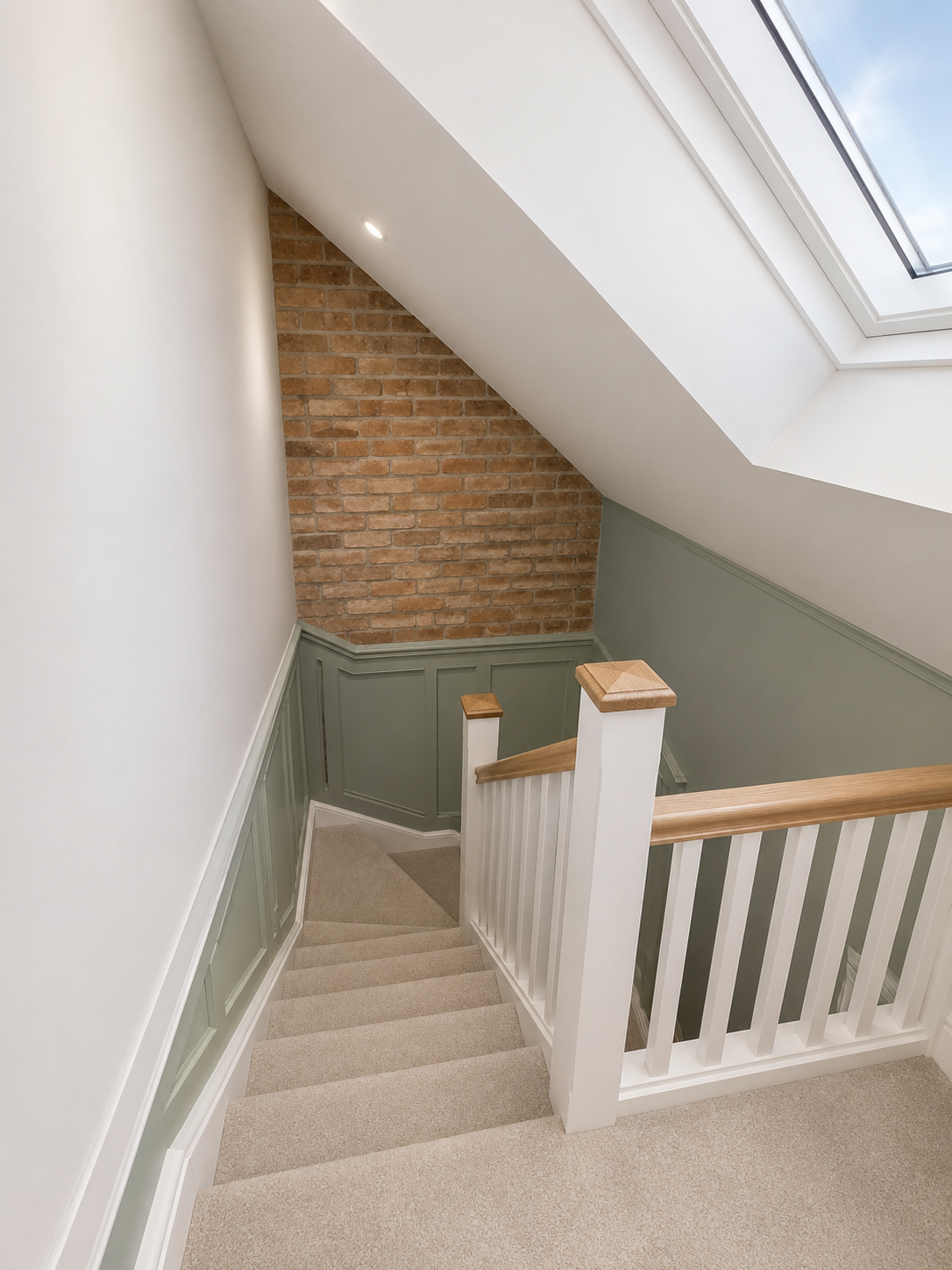 Loft conversion staircase with panelled walls, exposed brick and rooflight