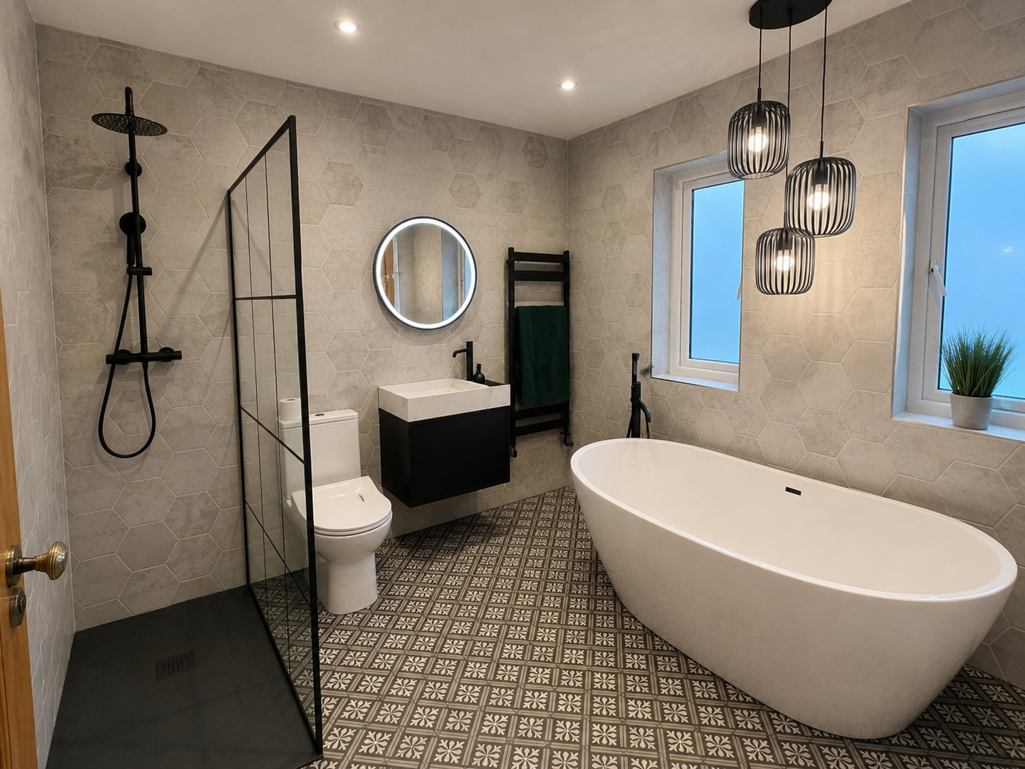 Modern bathroom with freestanding bath, walk-in shower and patterned tiled floor