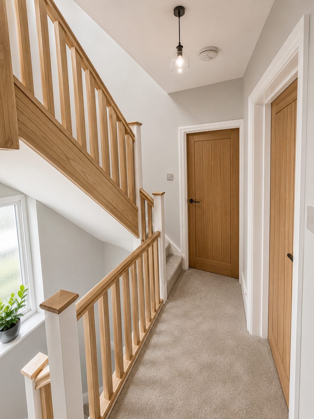 Loft conversion staircase with carpeted stairs and oak handrails