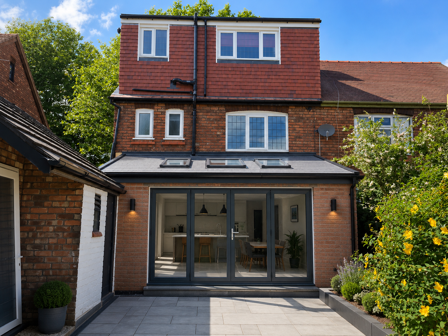 Completed brick rear house extension in Wirral with rooflights and large glazed doors