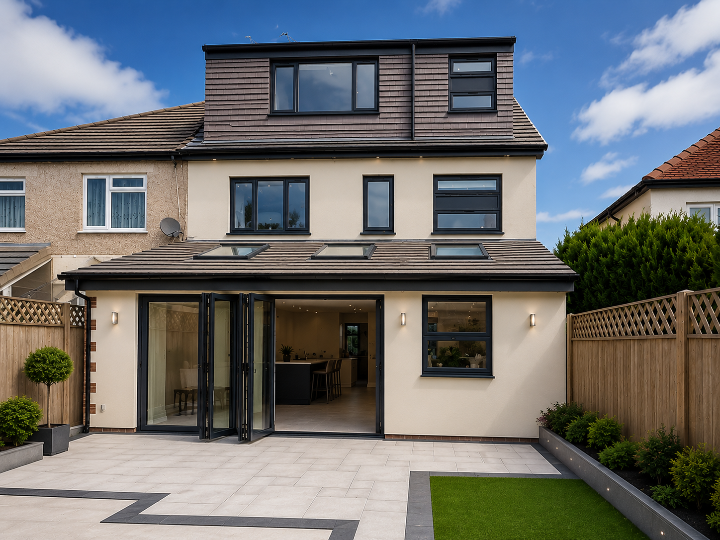 Completed rear loft conversion and extension with rooflights and bifold doors in Wirral