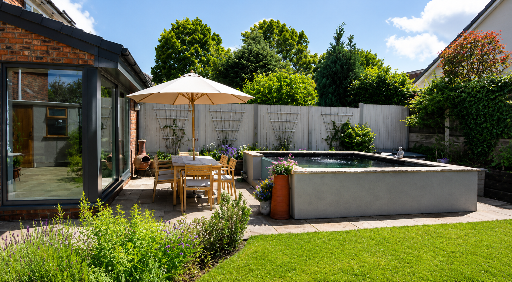 Landscaped garden, pond and patio creating an outdoor dining and entertaining space in Wirral